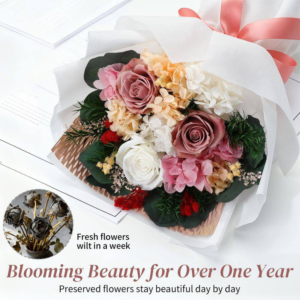 13.4 In. Light Pink Artificial Preserved Rose Bouquet-Includes Gift Box and Gree