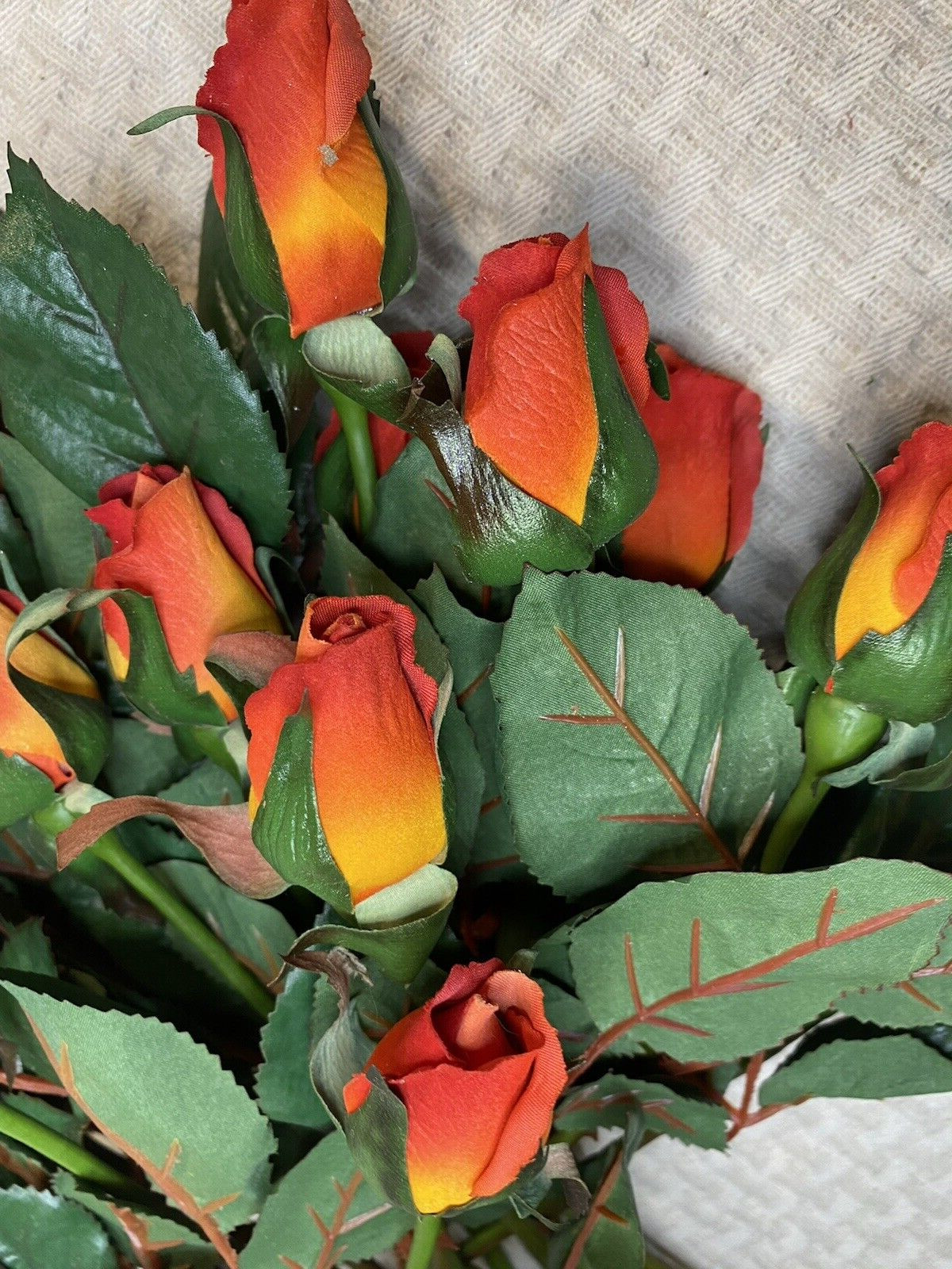Orange Red Realistic Faux Single Rose Bud With Stem Silk Flower 18″ stem 2″ x1″