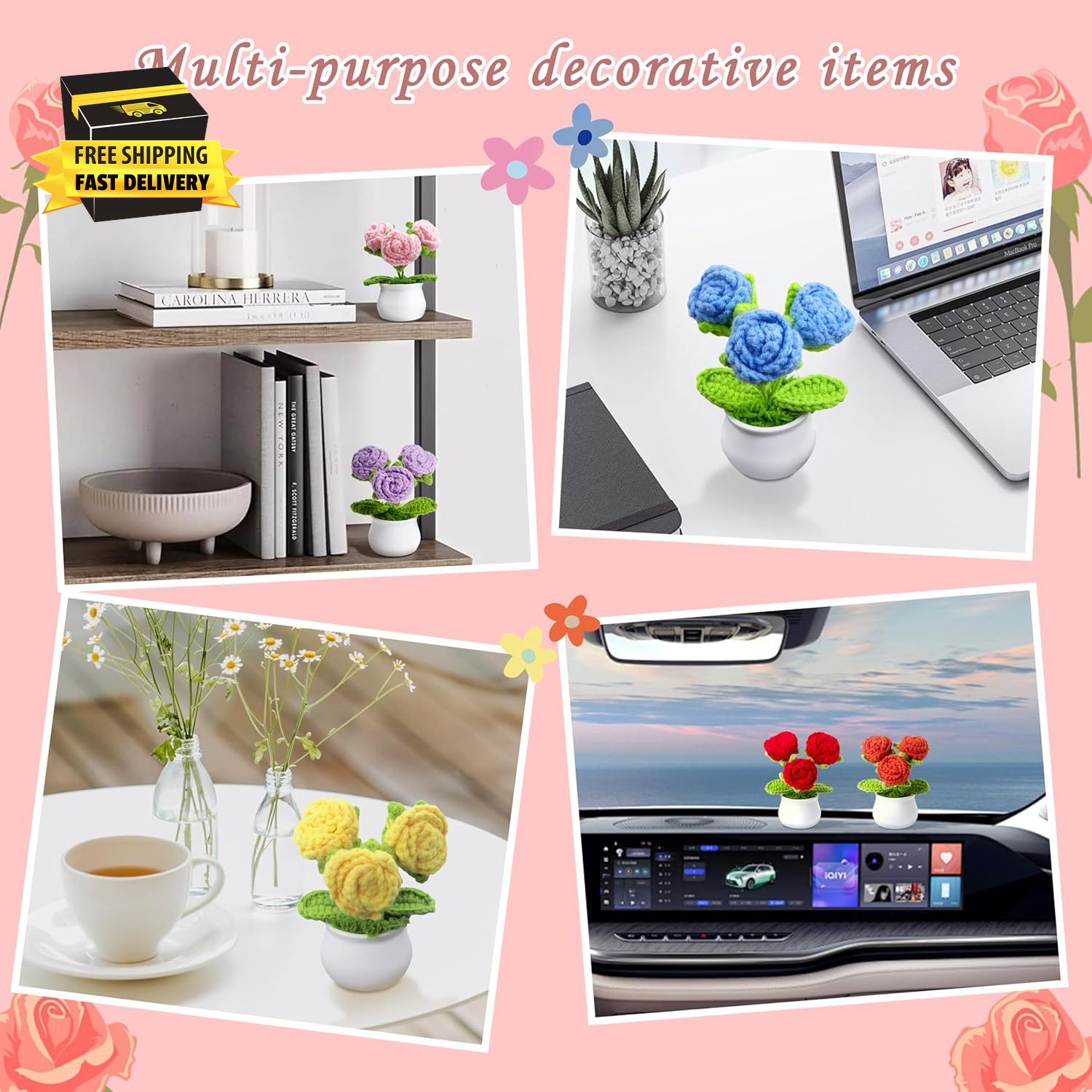 Crochet Flowers Red Roses Mini Potted, Handmade Red Rose Anniversary Appreciatio