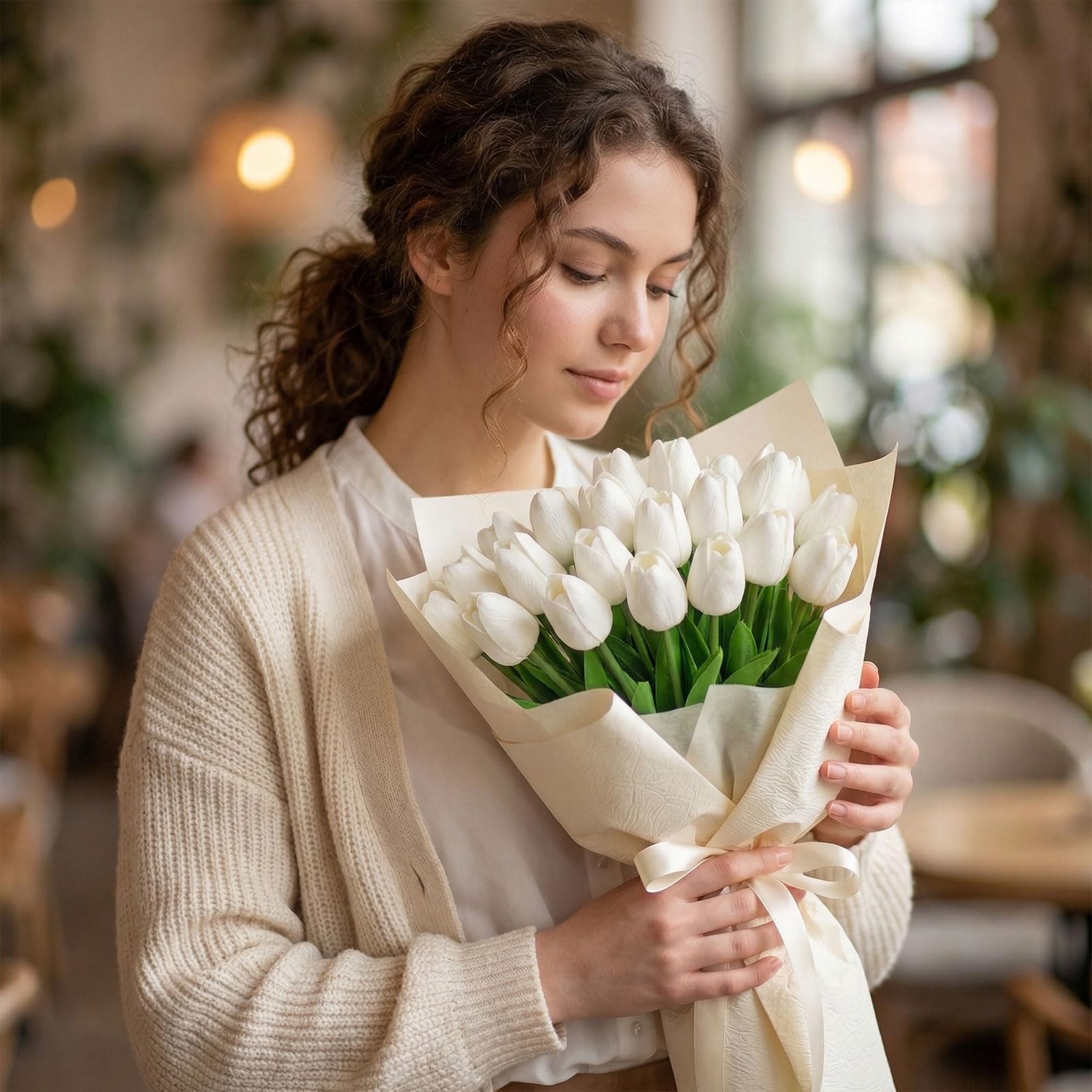20 PCS White Tulip Artificial Flower 13.8 Inch PU Fake Bouquet Wedding Decor