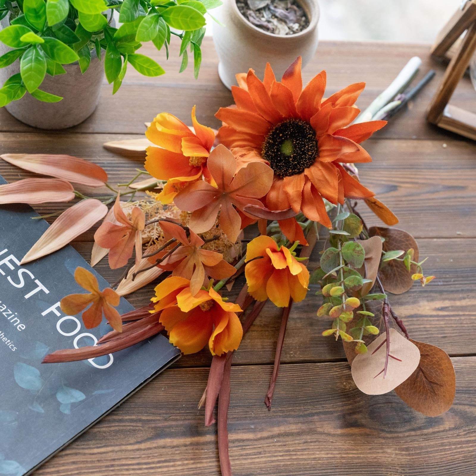 Fall Artificial Flowers 18.5 Inch Autumn Fake Silk Orange Sunflowers Decor