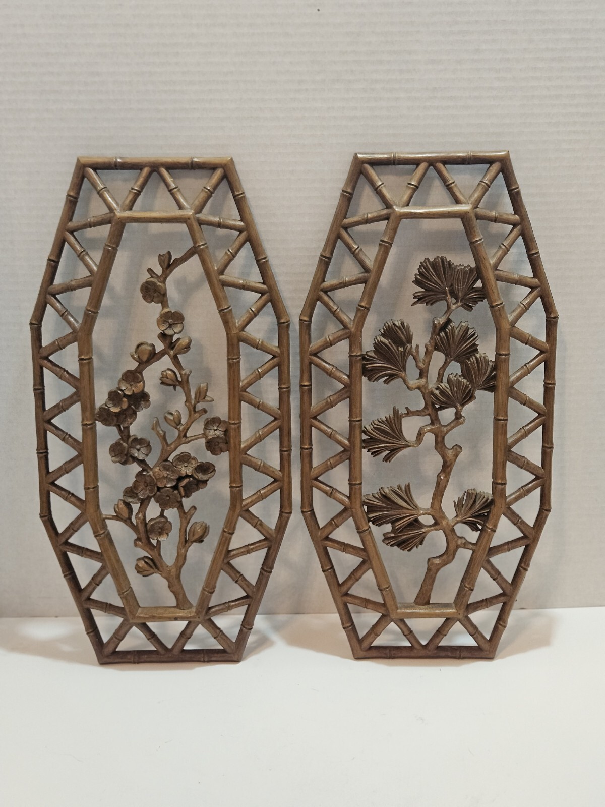 Vtg Syroco Pair Bamboo Floral Wall Plaques Dart 7412 A & B Homco 15.5″