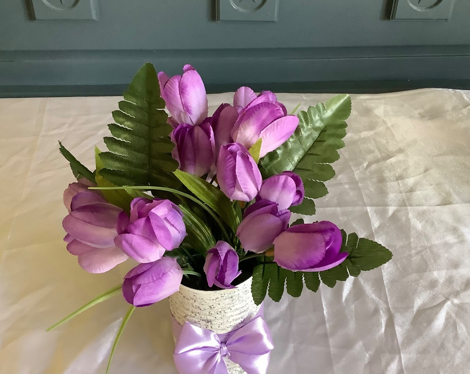 Spring/easter purple tulip centerpiece with glitter and painted upcycled tin can
