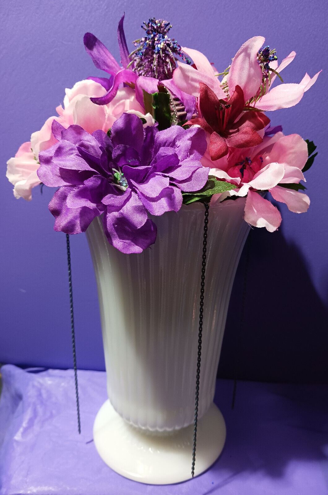 Artificial Flower Arrangement Vintage White Milk Glass Vase W/blue Chain