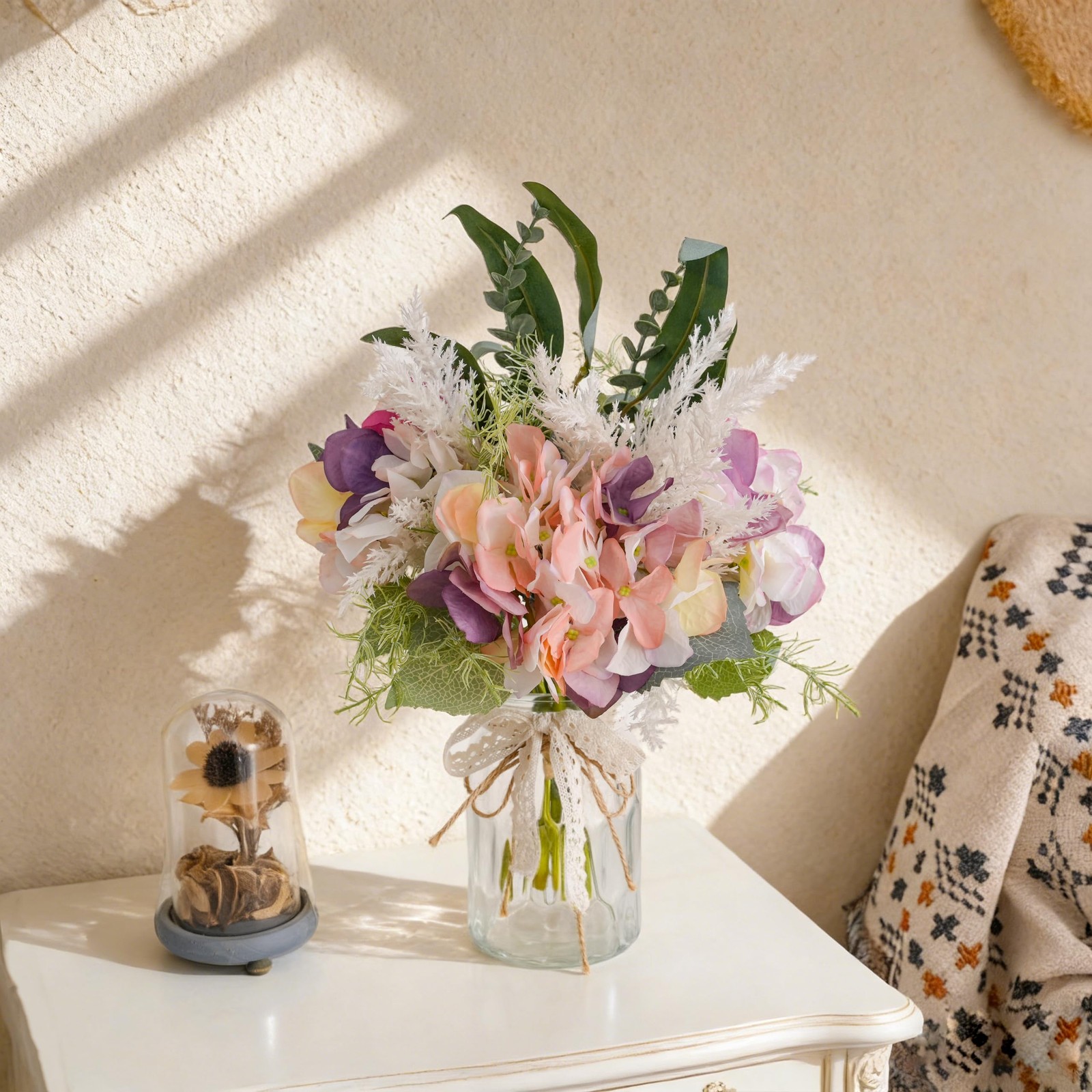 Fake Flowers with Vase, Artificial Pink & Purple Hydrangea Arrangement, Sprin…
