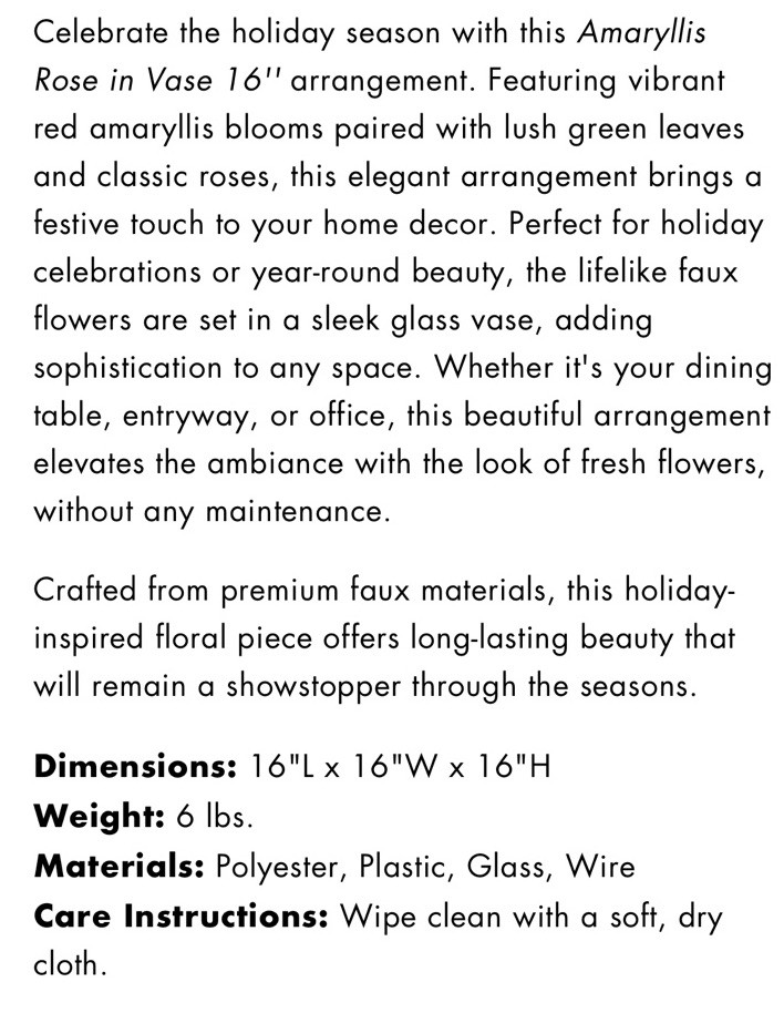 Winward Amaryllis Rose in Vase 16″