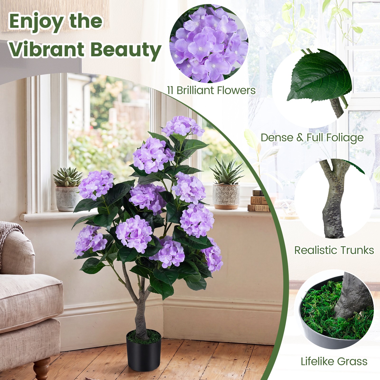 2-Pack Artificial Hydrangea Tree, 43.5″ Faux Flower Plants with 11 Blooms&Trunk