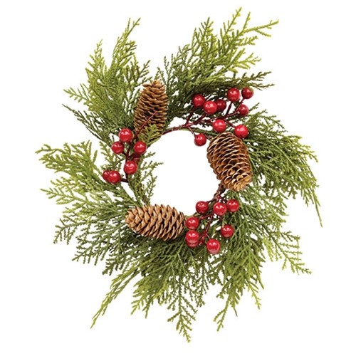 Real Touch Mixed Cedar & Red Berry Candle Ring / Wreath 3.5″ Christmas
