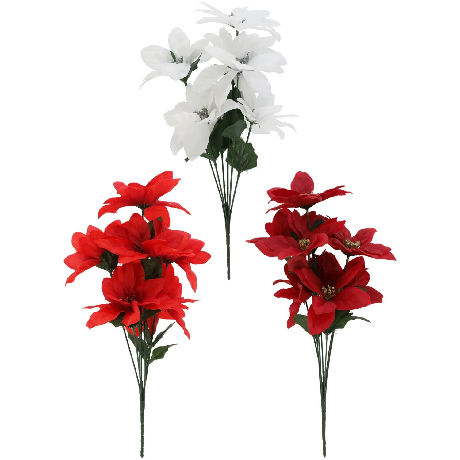 NEW Holiday Poinsettias Artificial Christmas Flowers 3 Pcs Poinsettia 16″ 7-stem