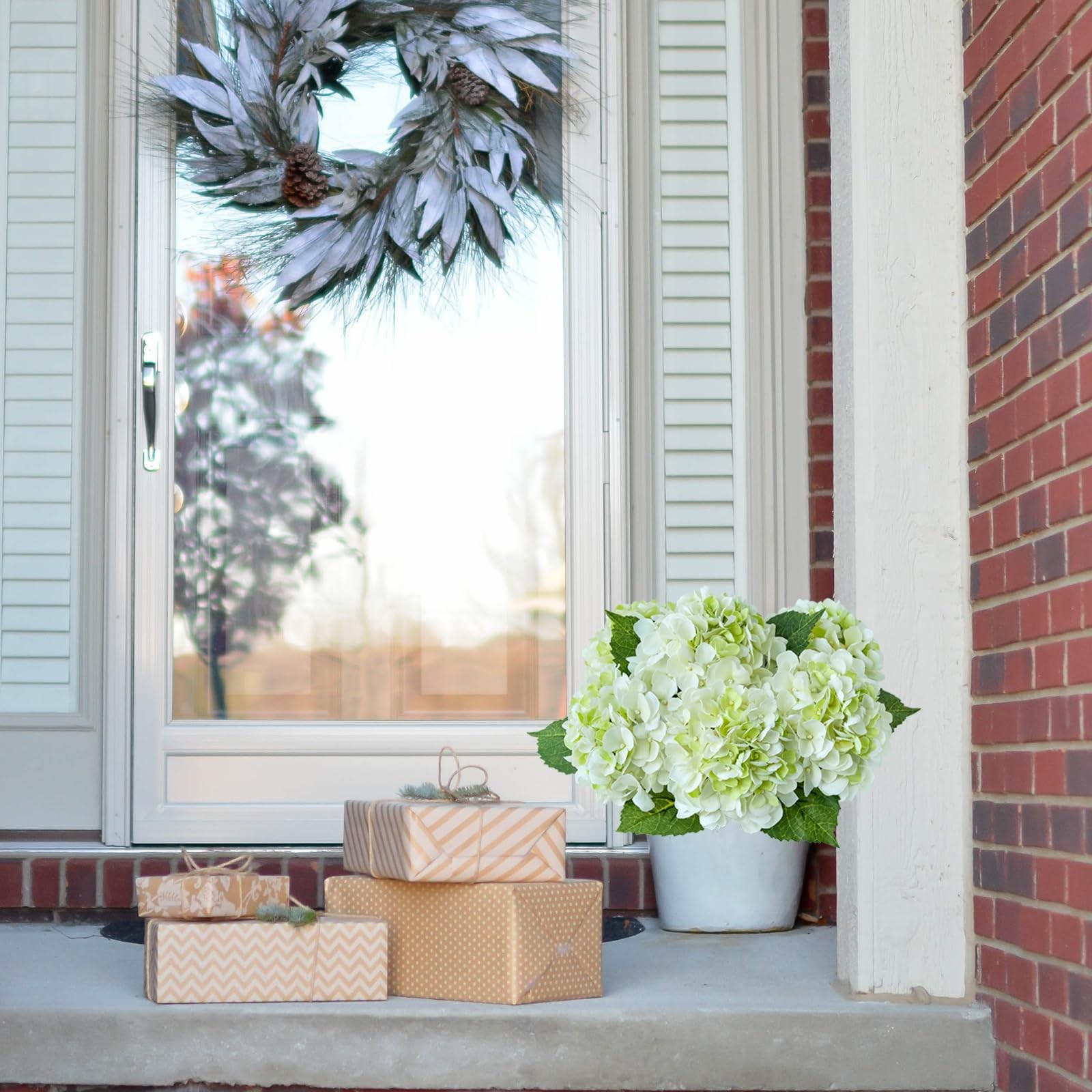 SUMTIPHUN 4 Pcs White/Green Real Touch Hydrangeas Artificial Hydrangeas Flowers