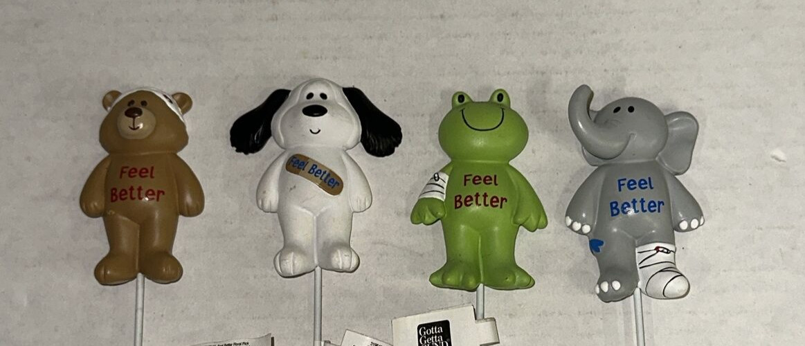 Lot x4 Get Well Soon Feel Better Gund Ceramic Floral Picks Dog Bear Frog 11″ Set