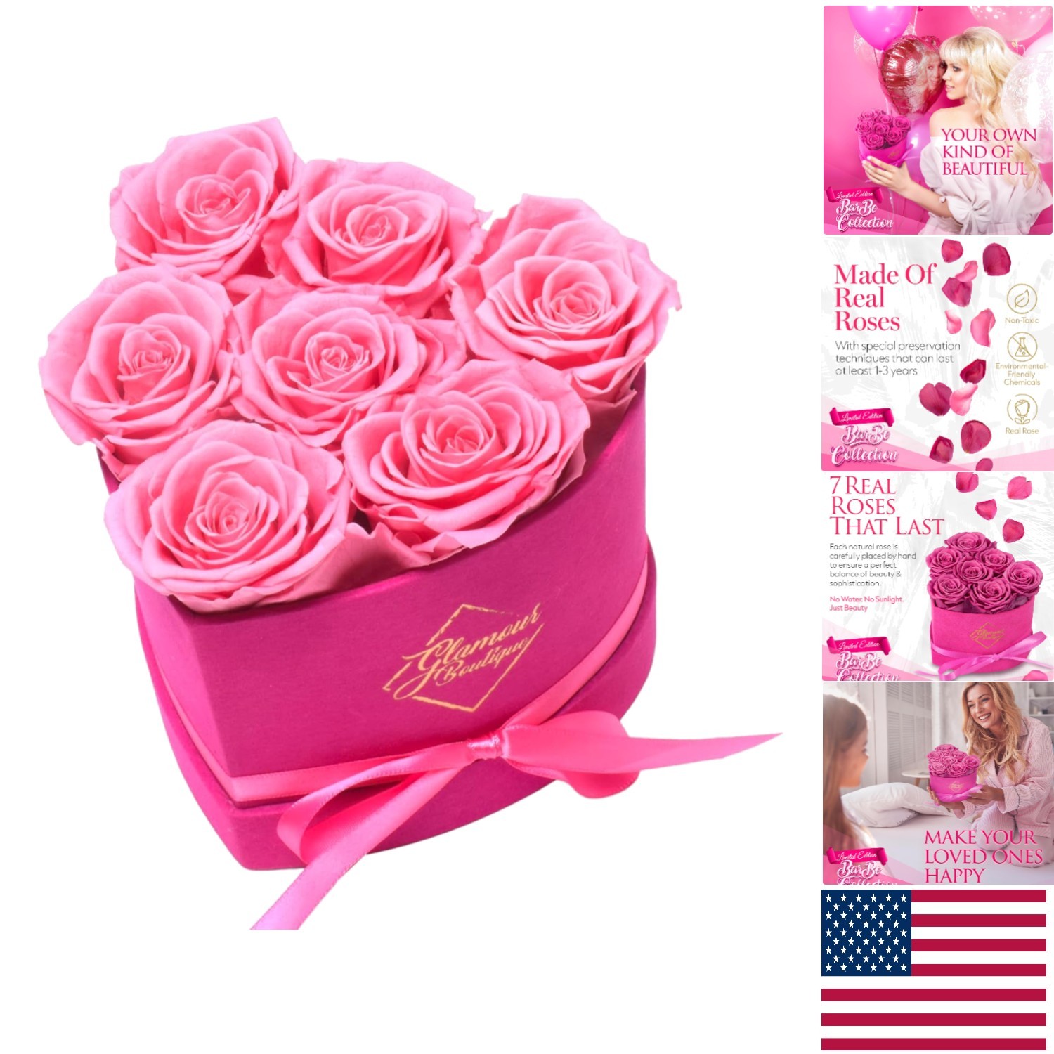 Elegant 7-Rose Velvet Pink Heart Box – Lasts 3 , Ideal for Every Occasion