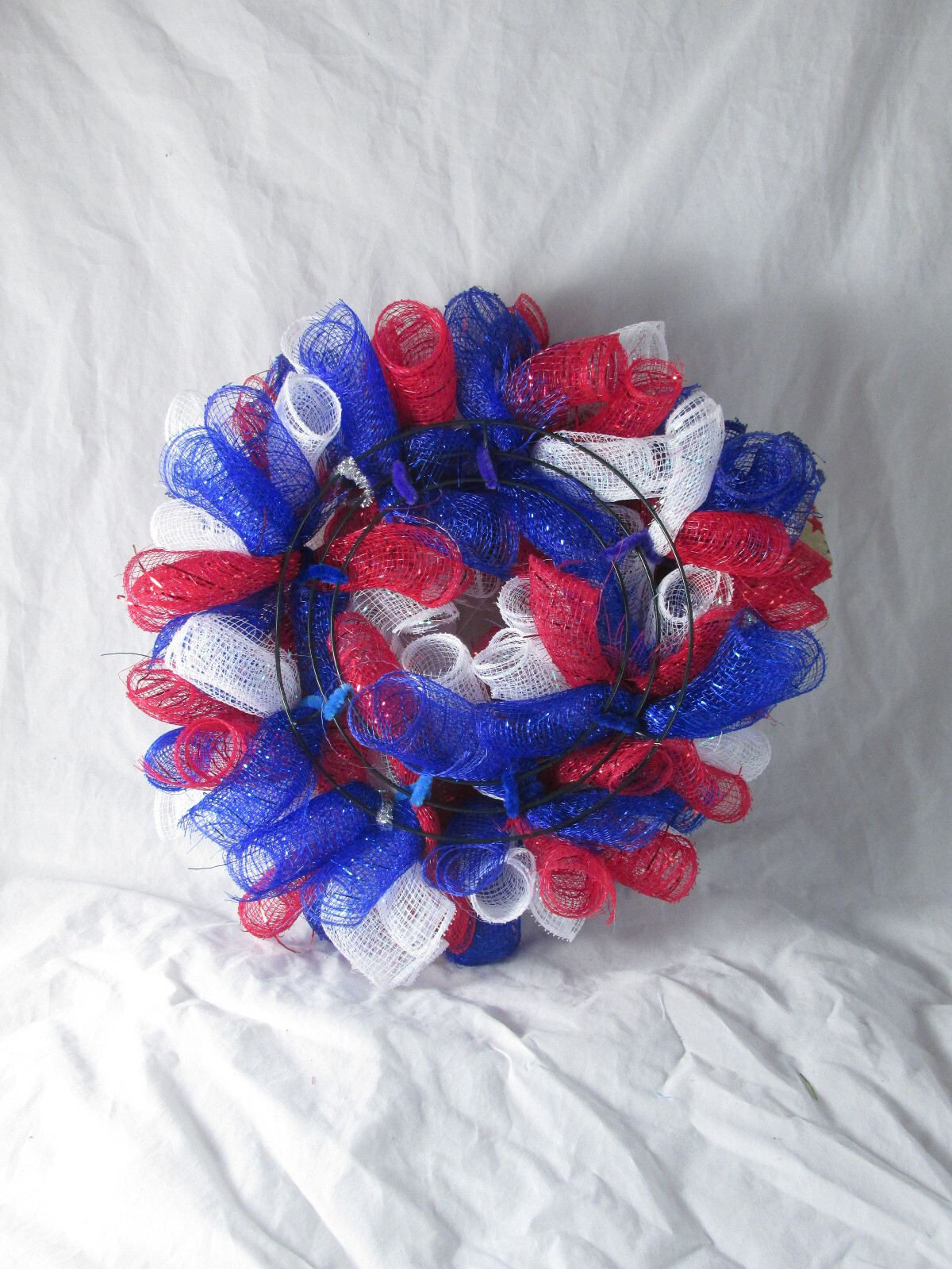 Patriotic Stars and Stripes Curly Deco Mesh Knome Wreath