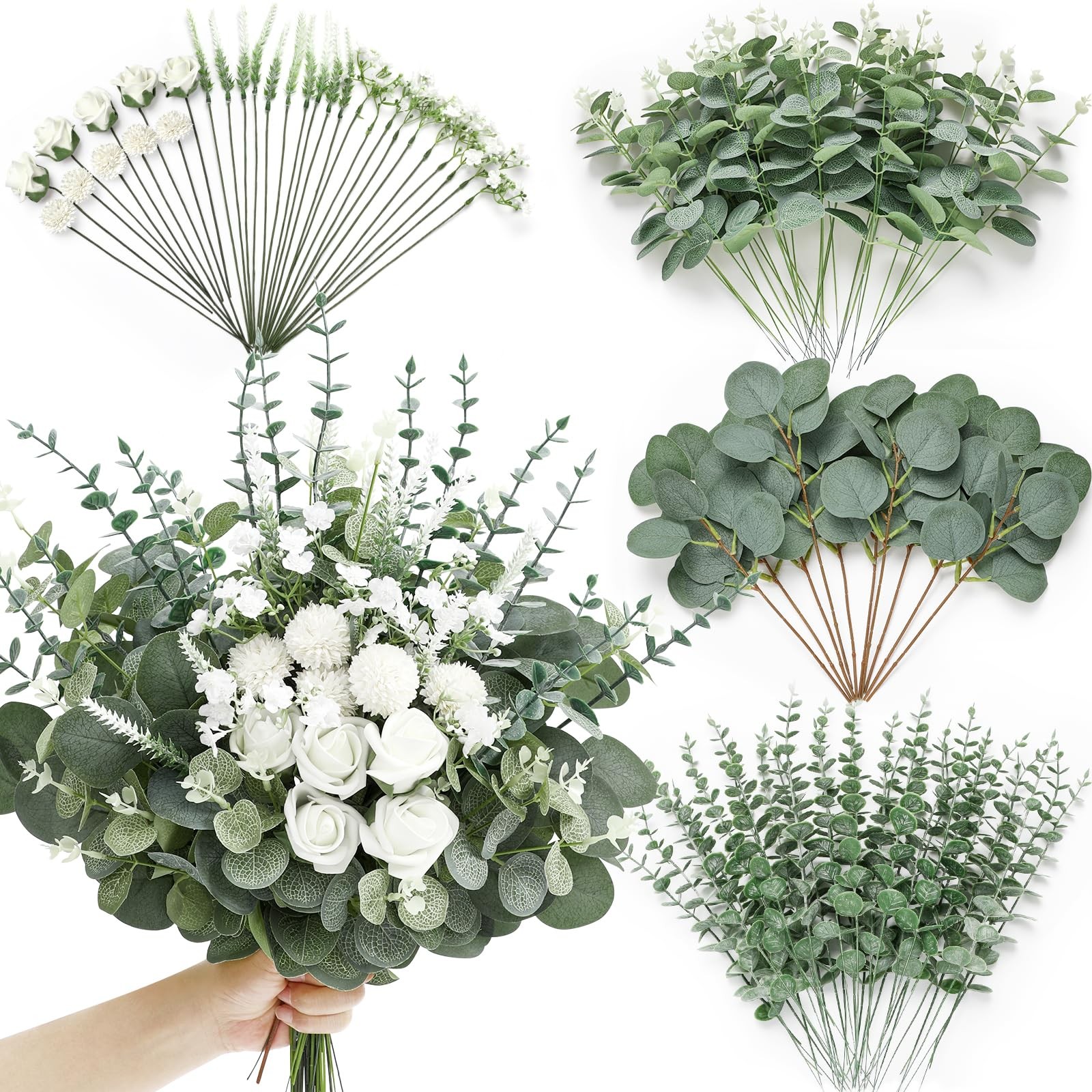 100 Pcs 7 Kinds Mixed Artificial Eucalyptus Leaves Stems Bulk with Flowers Fa…