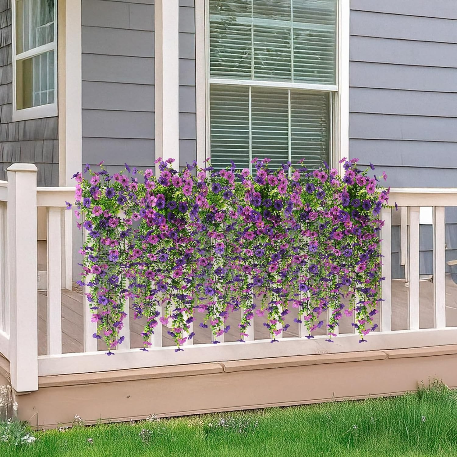 Versatile Faux Hanging Plants for Indoor/Outdoor Use – Set of 2, Double Purple