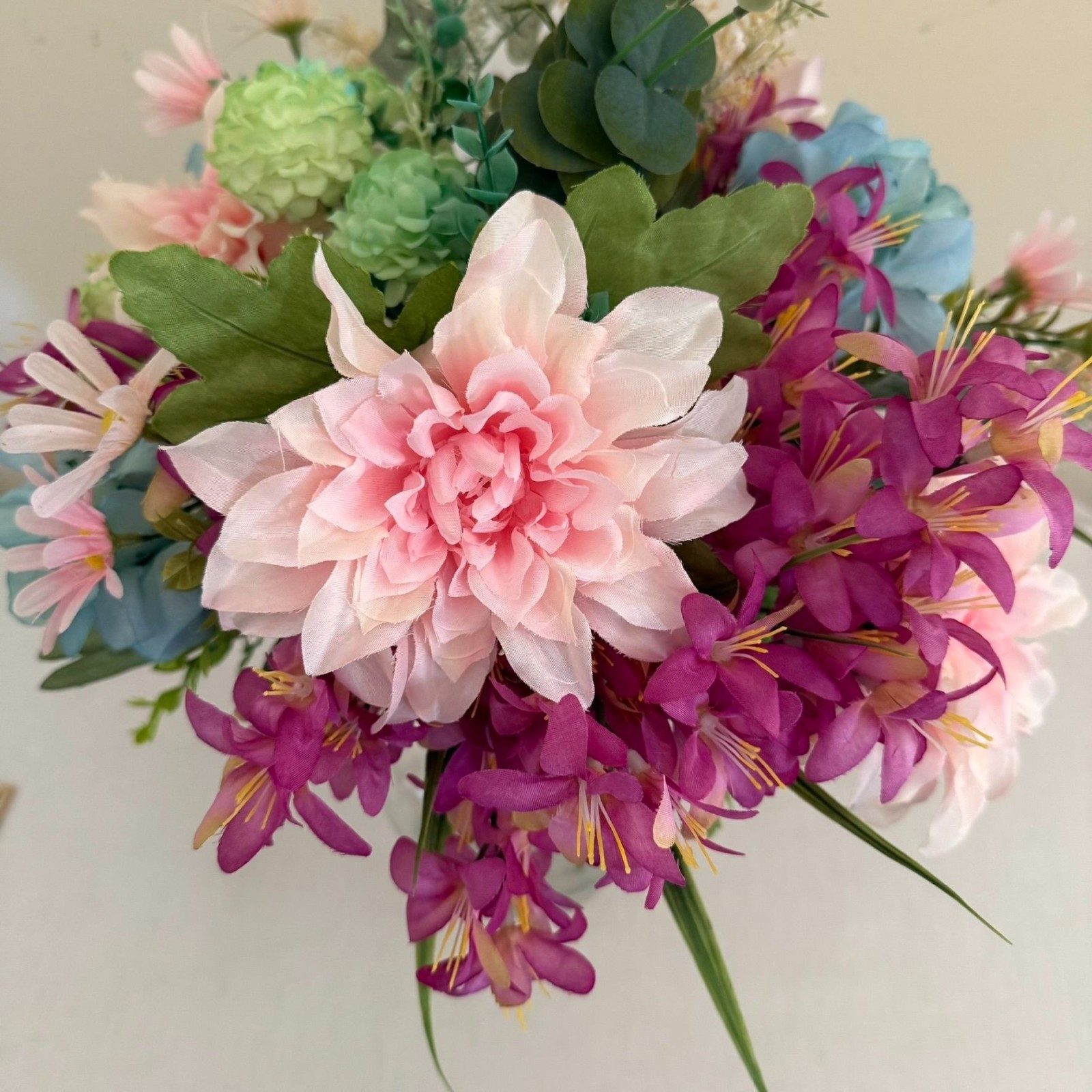 Upcycled Handcrafted Artificial Floral Arrangement Blue Green Pink Flowers OOAK