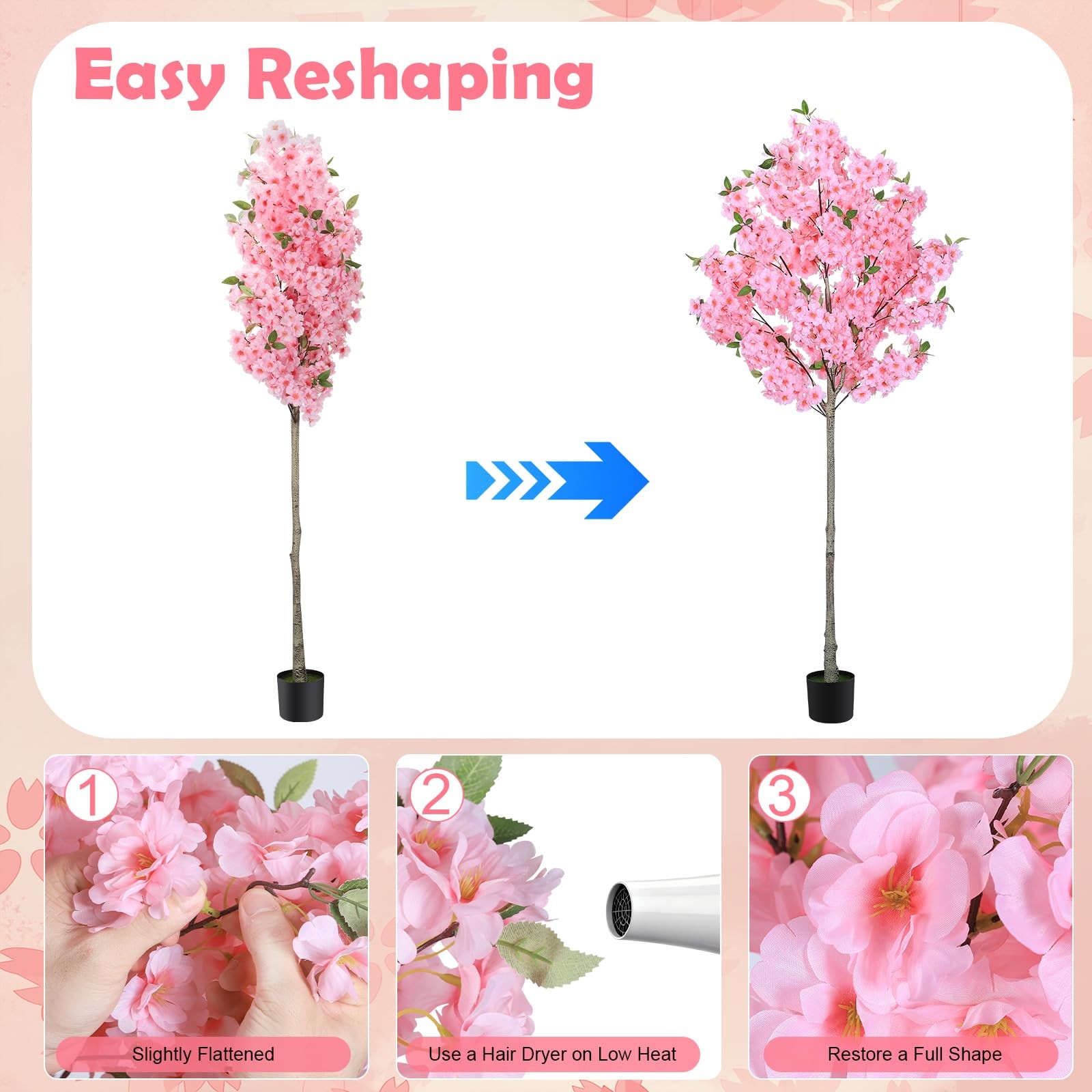 6FT Artificial Cherry Blossom Tree with Pot, Faux Pink Sakura Tree with Adjus…