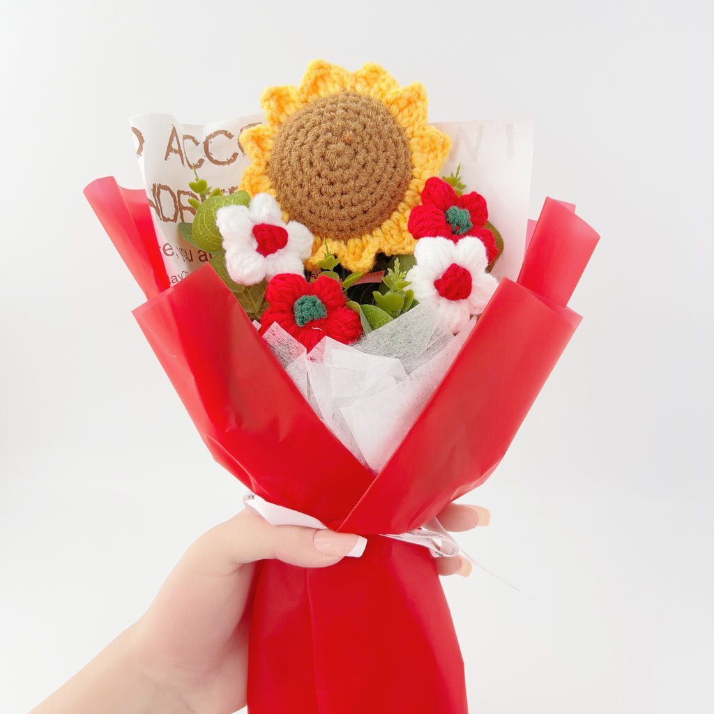 Crochet Flowers Bouquet Sunflower Exquisite Knitted Flower Wrap with Light Ready