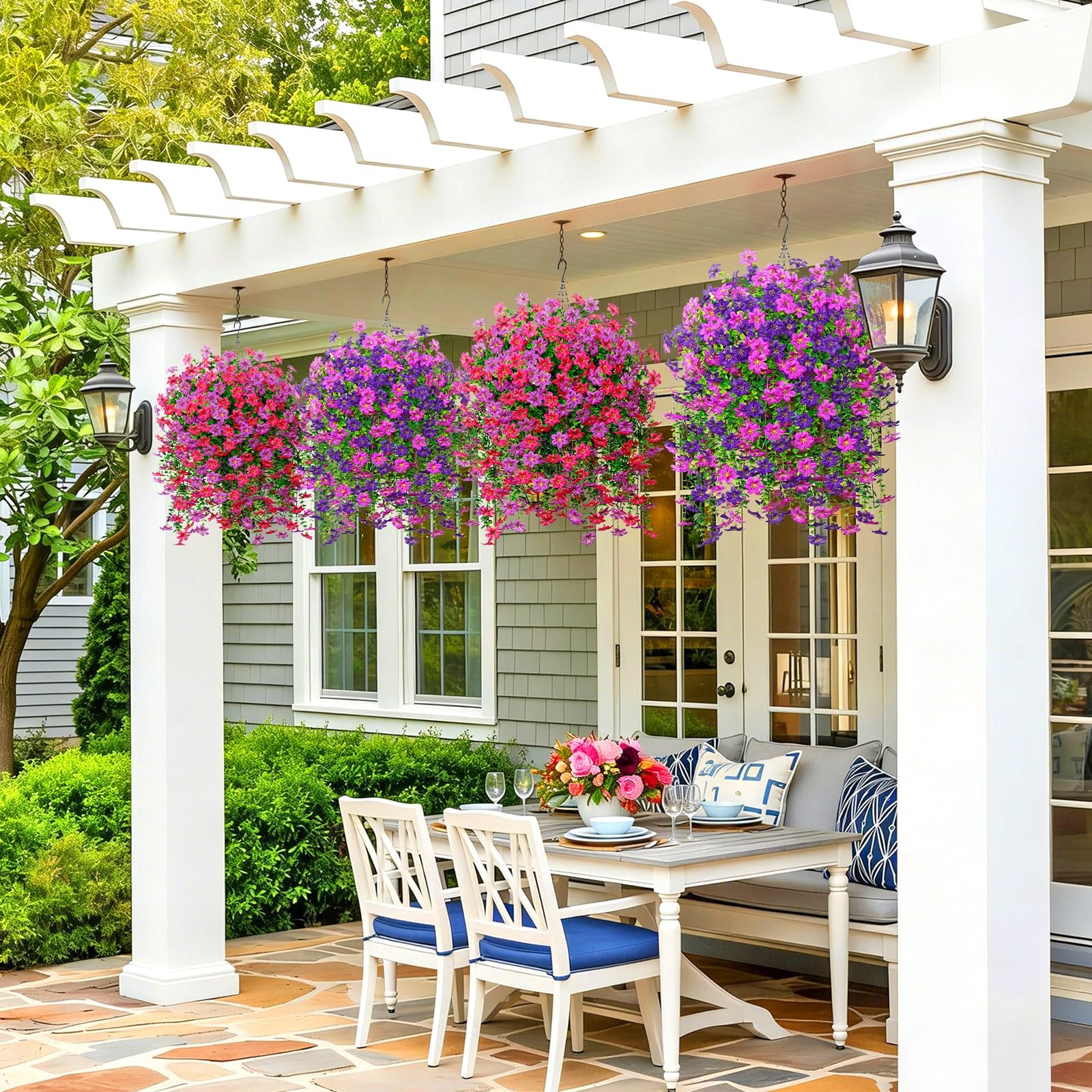 2 Set Artificial Hanging Flowers Plants Basket for Outdoors Faux Silk Purple …