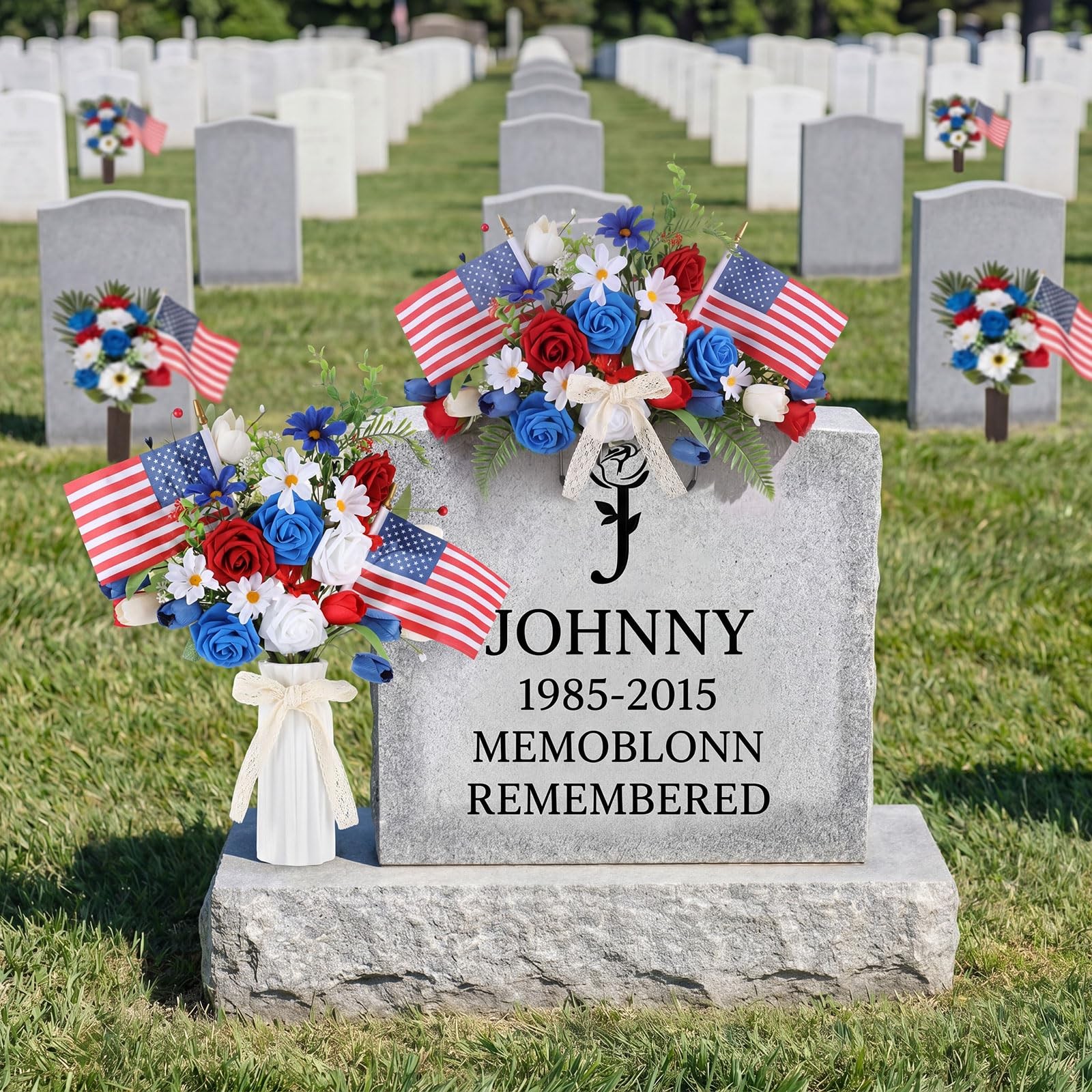 4 Bundles Memorial Day Flowers For Cemetery Artificial Grave Bouquet Flags