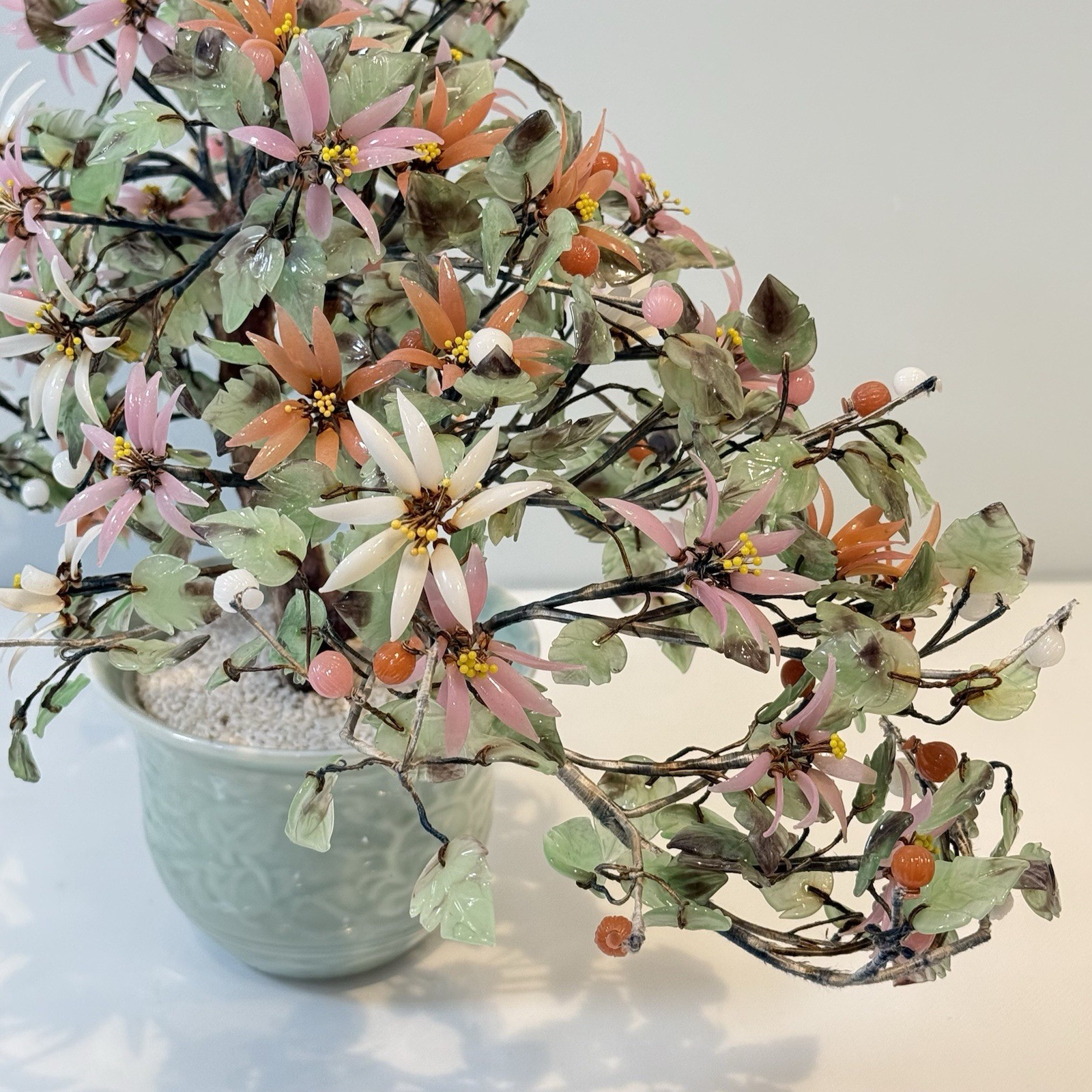 Chinese Glass Bonsai Cherry Blossom Tree 14”T x 18”L Art Decor Vintage SPRING