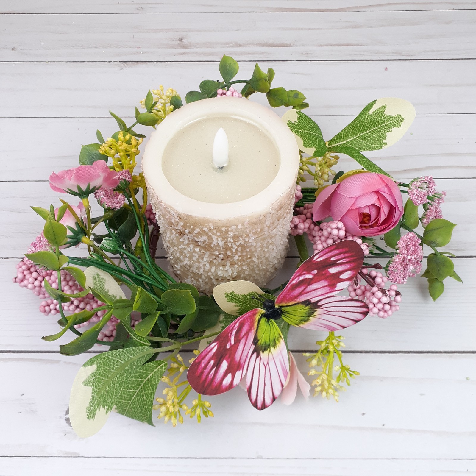 Floral Candle Ring Blushing Butterfly Garden Pink Flowers 4″ inside