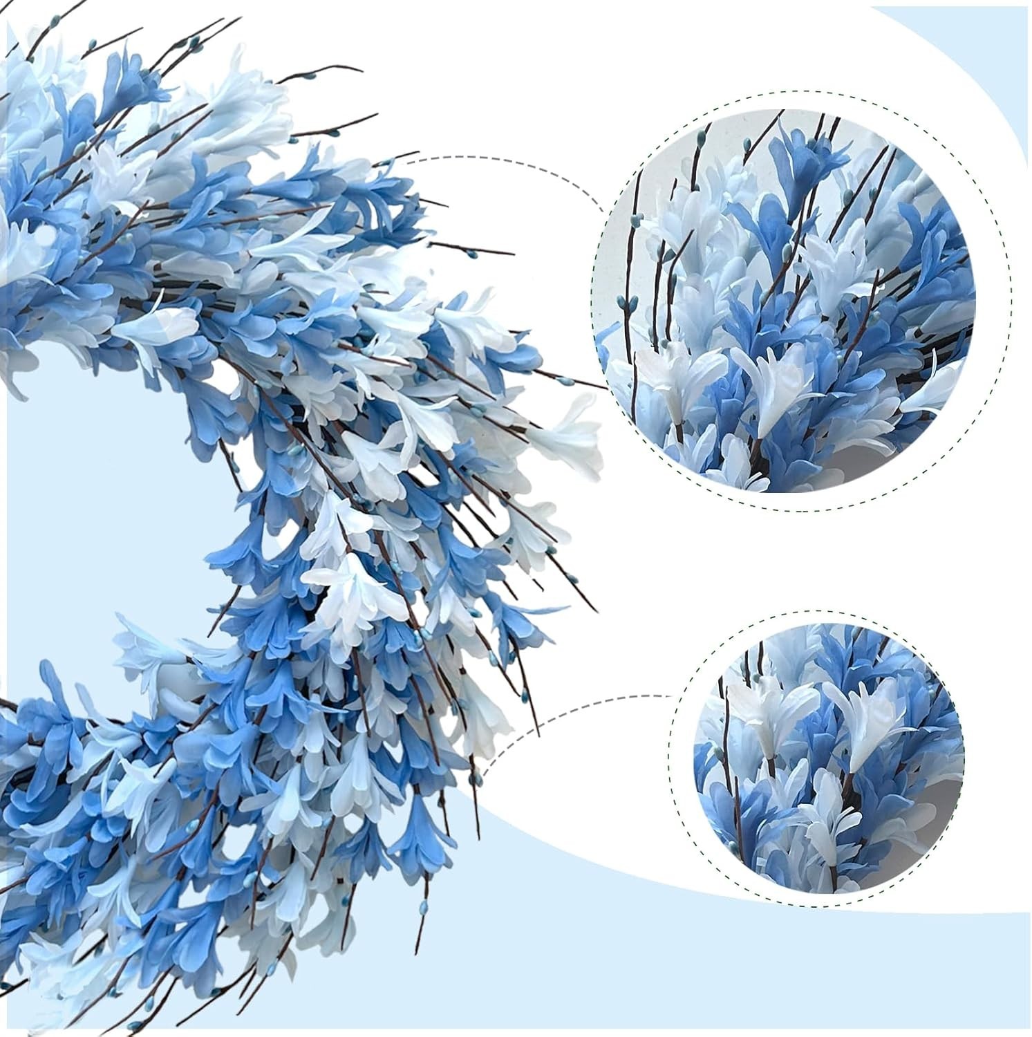 22 Inch Blue Artificial Forsythia Wreath Spring Summer Fall Silk Door