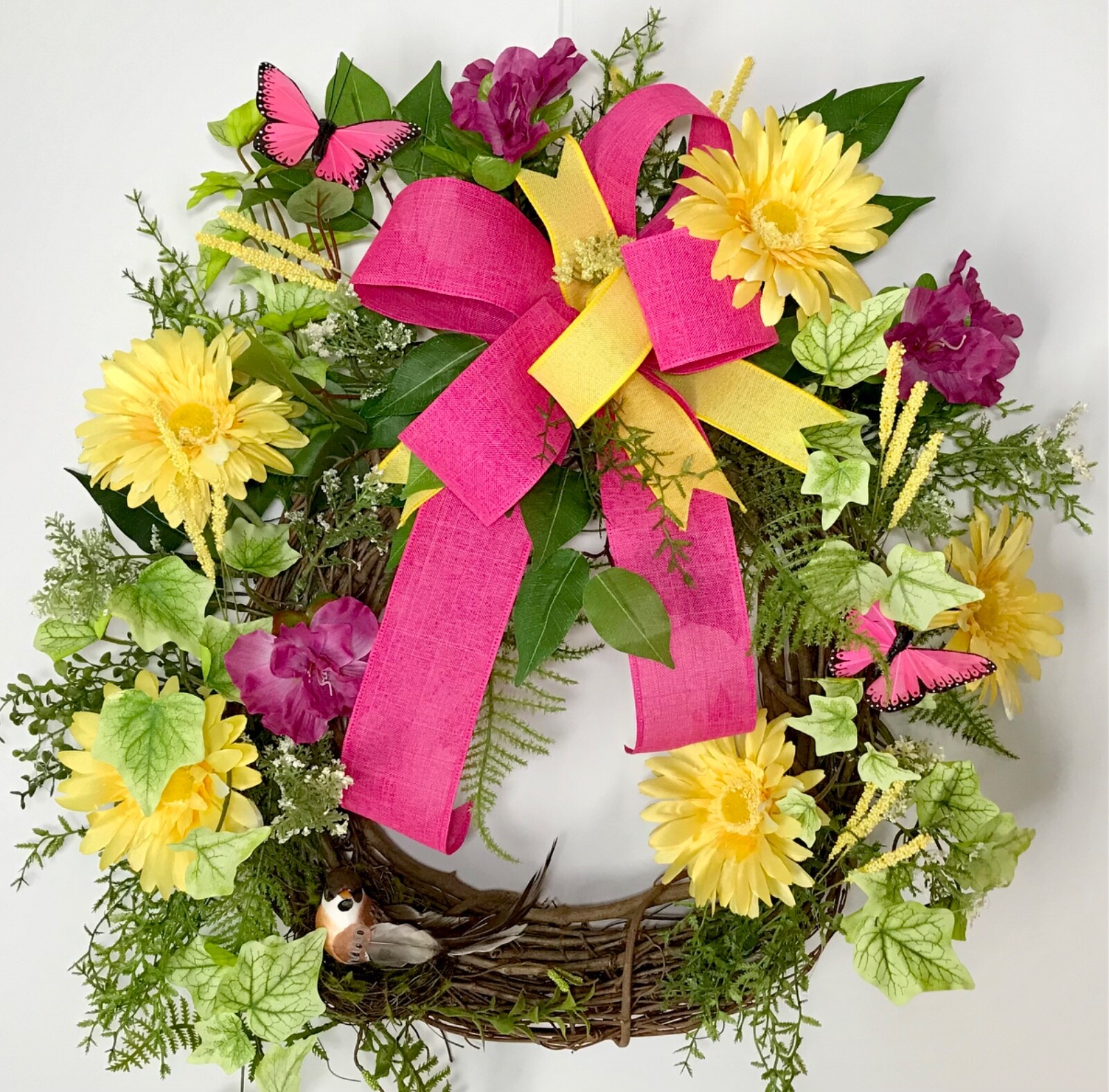 SPRING SUMMER GRAPEVINE BRIGHT YELLOW WREATH DECORATION RIBBON BOW HANDMADE NEW