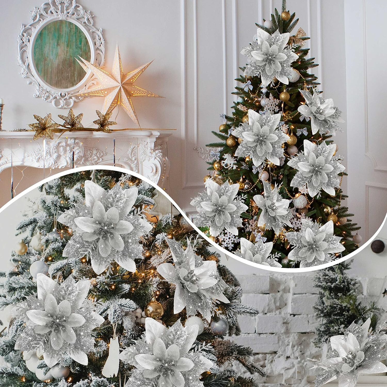 15 PCS Silver Glitter Poinsettia Flowers with Clips for Christmas Tree Decor