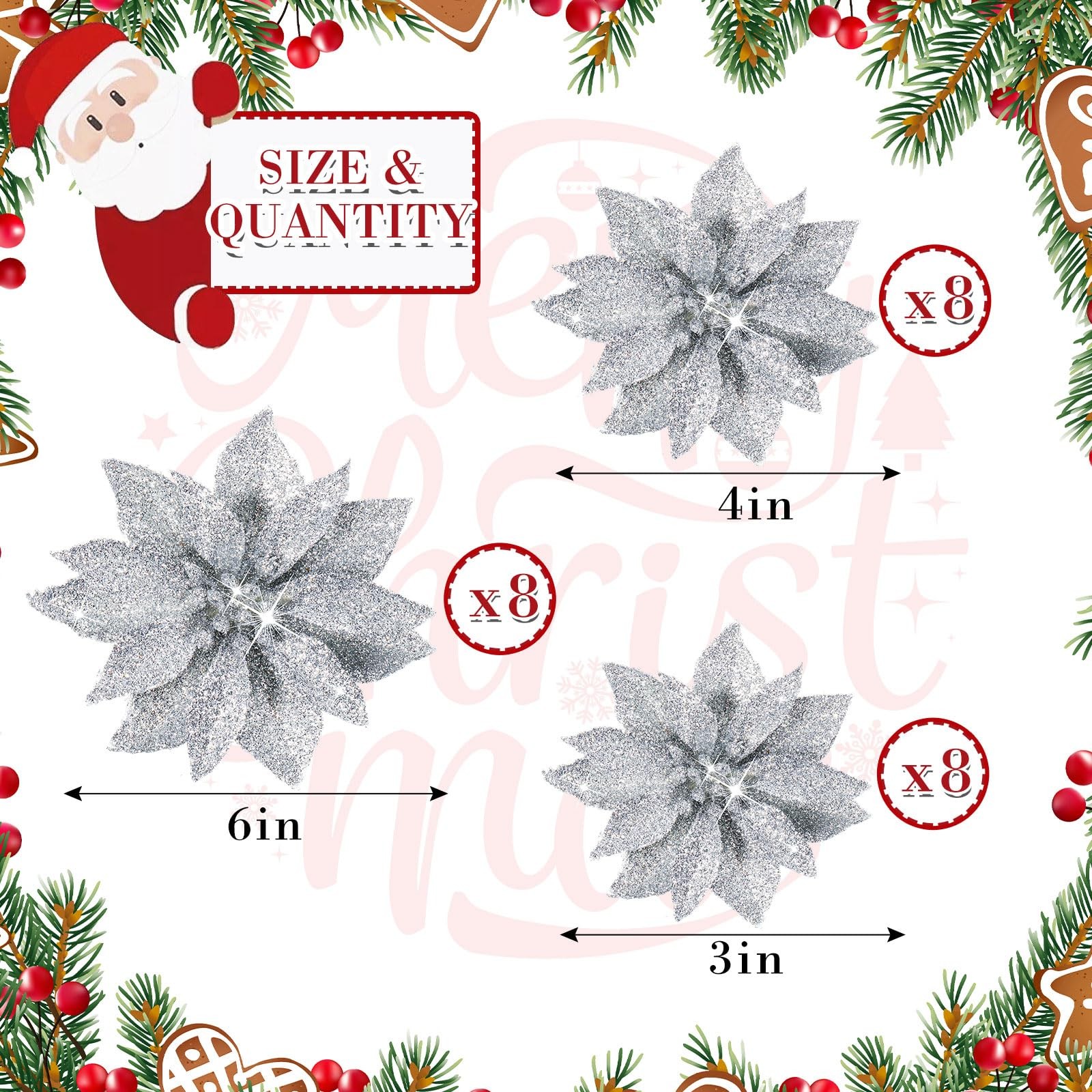 24 PCS Christmas Poinsettias Artificial Flowers Glitter Clip On Silver Decor