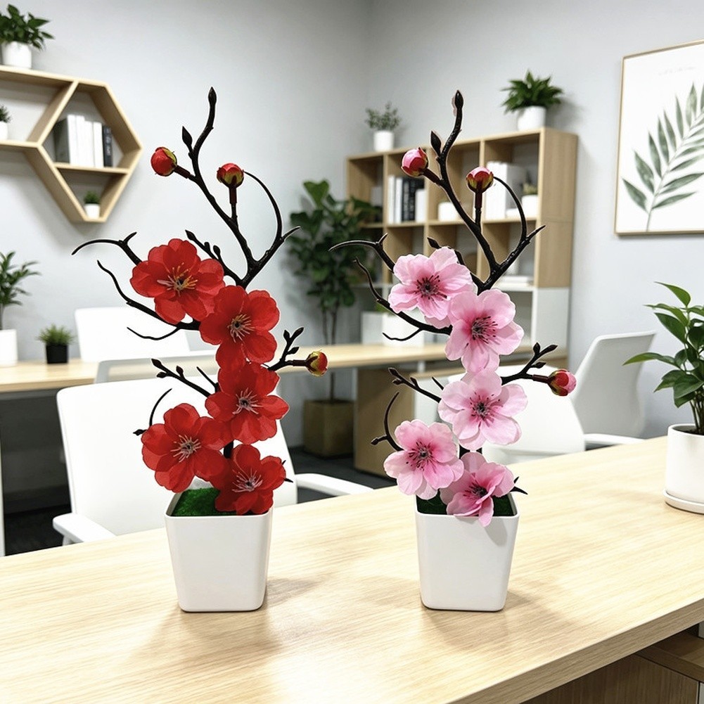 Artificial Winter Plum Blossom Potted Plant with Bare Twisted Branches