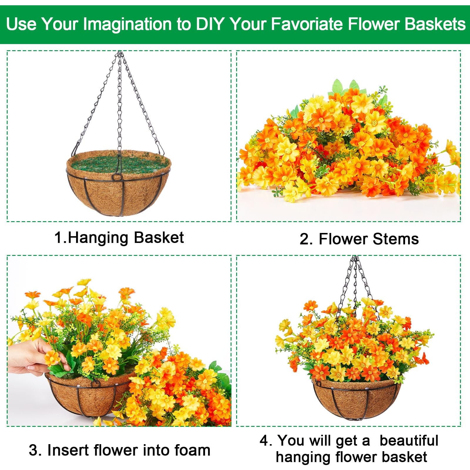 2 Pack Artificial Hanging Basket with Daisy Flowers, 12 Inch Faux Hanging Flo…