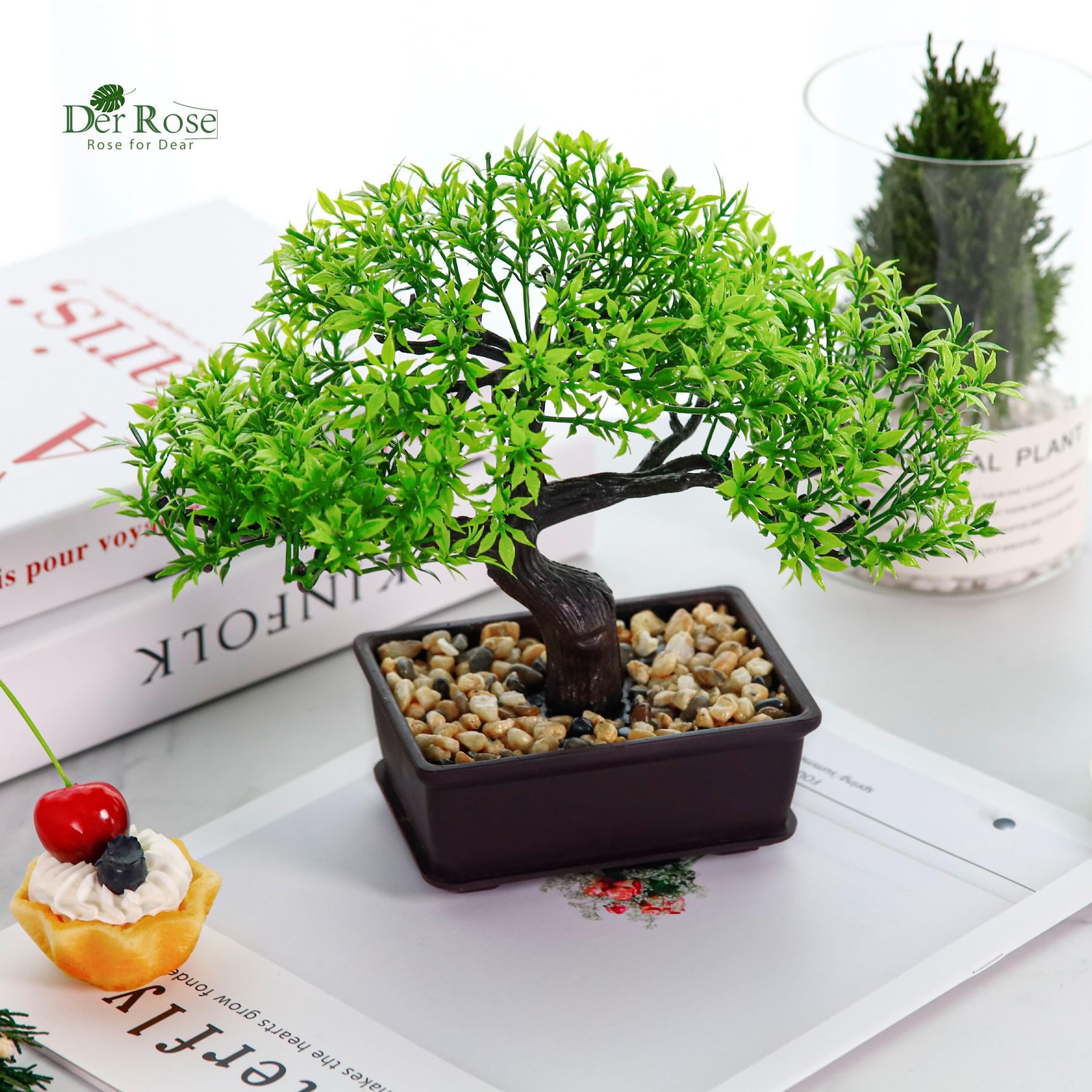 Der Rose Artificial Bonsai Tree 8 Inch Zen Fake Plant Modern 8in, Green-ficus