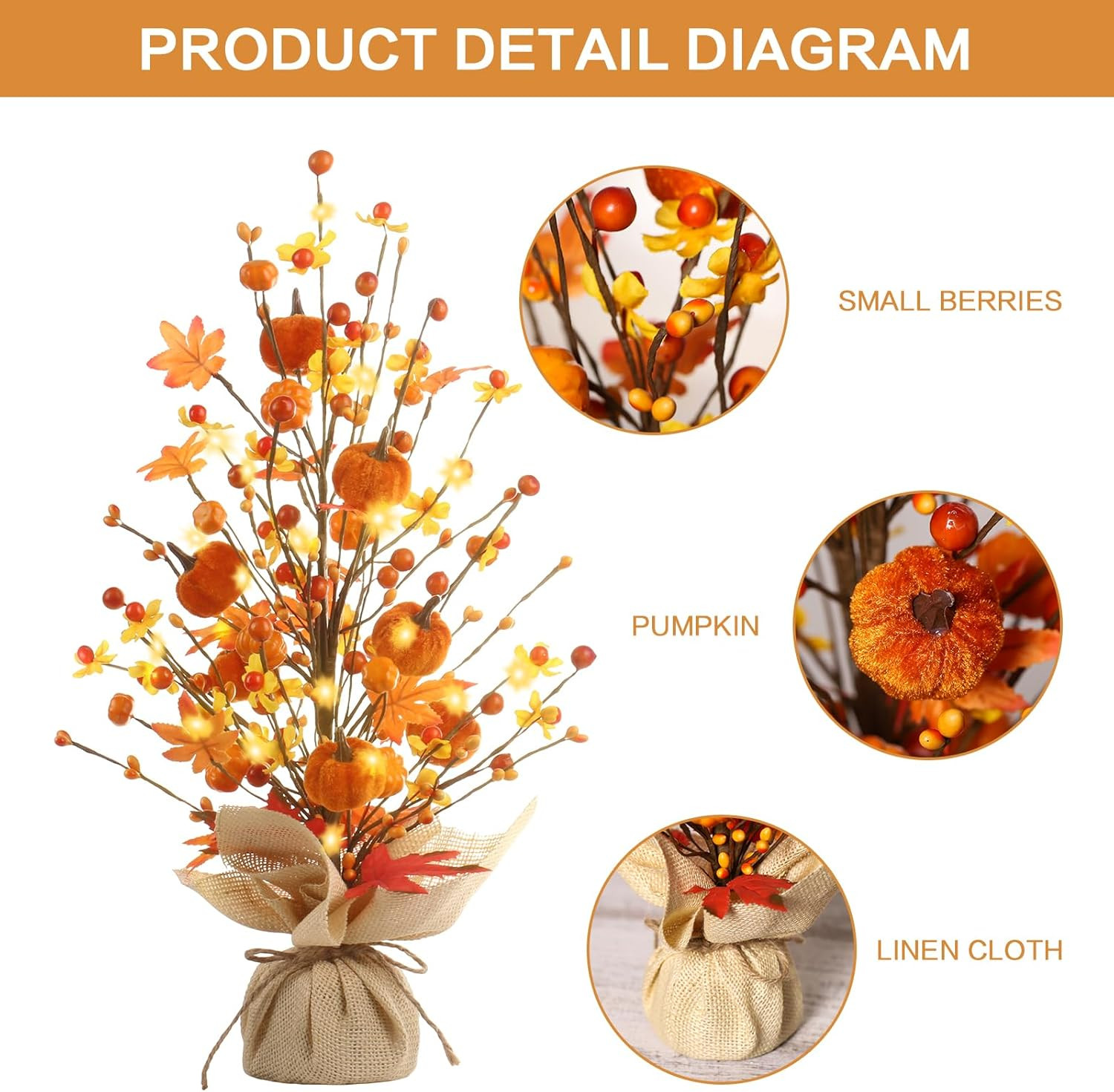 Fall Decor, 18 Inch Artificial Red Berry/Maple Leaf/Pumpkin Tree Tabletop Decora
