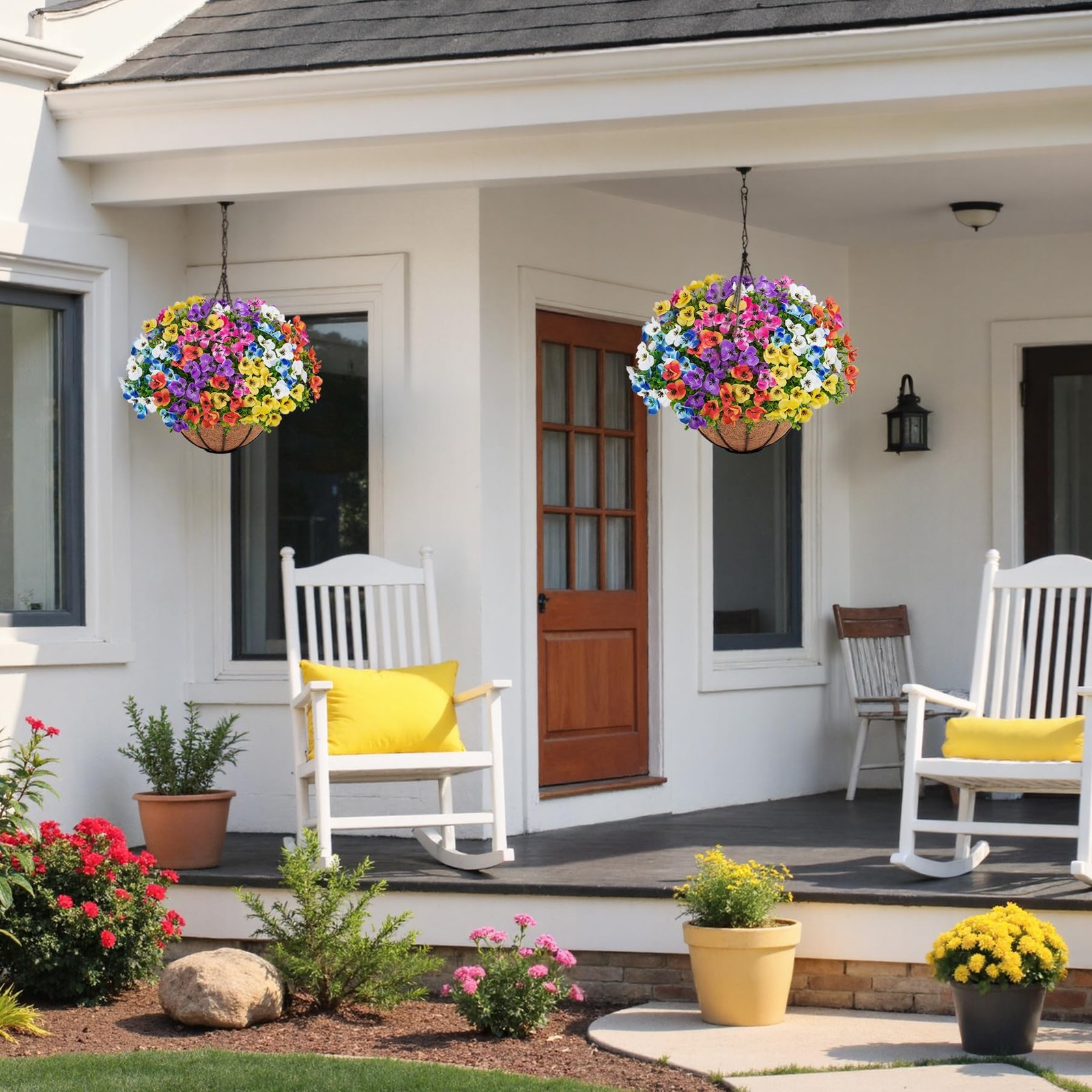 Artificial Hanging Flowers with Baskets for Outdoors, Fake Silk Pansy Flowers…
