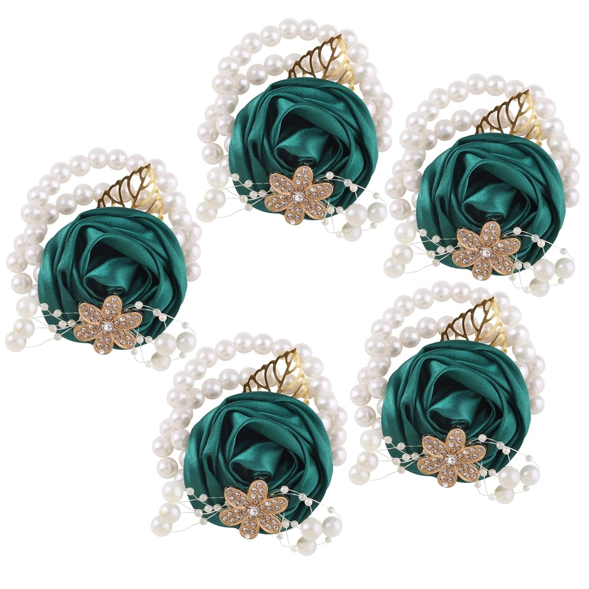 5 PCS Pearl Beaded Satin Wrist Corsage Artificial Flower Emerald Green