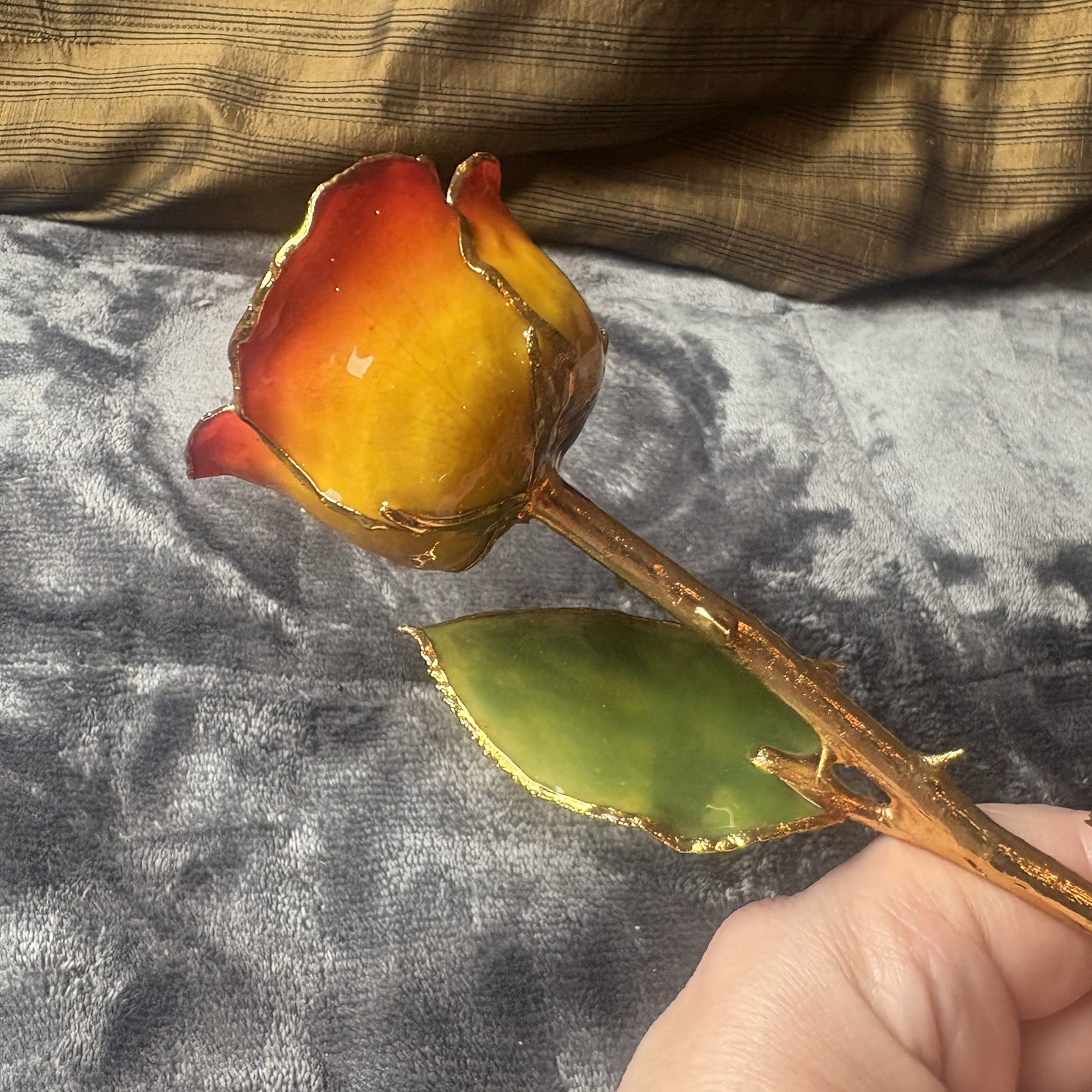 Vintage Forever Rose Lacquer Dipped 24k Gold Trimmed Yellow/Red Two Tone Rose