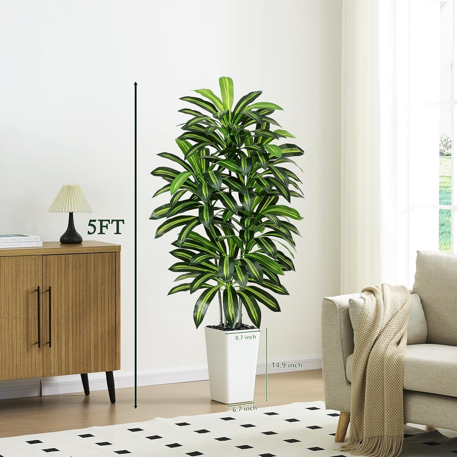 Artificial Dracaena Tree – 5FT Tall Fake Plants with White Tall Planter – Art…