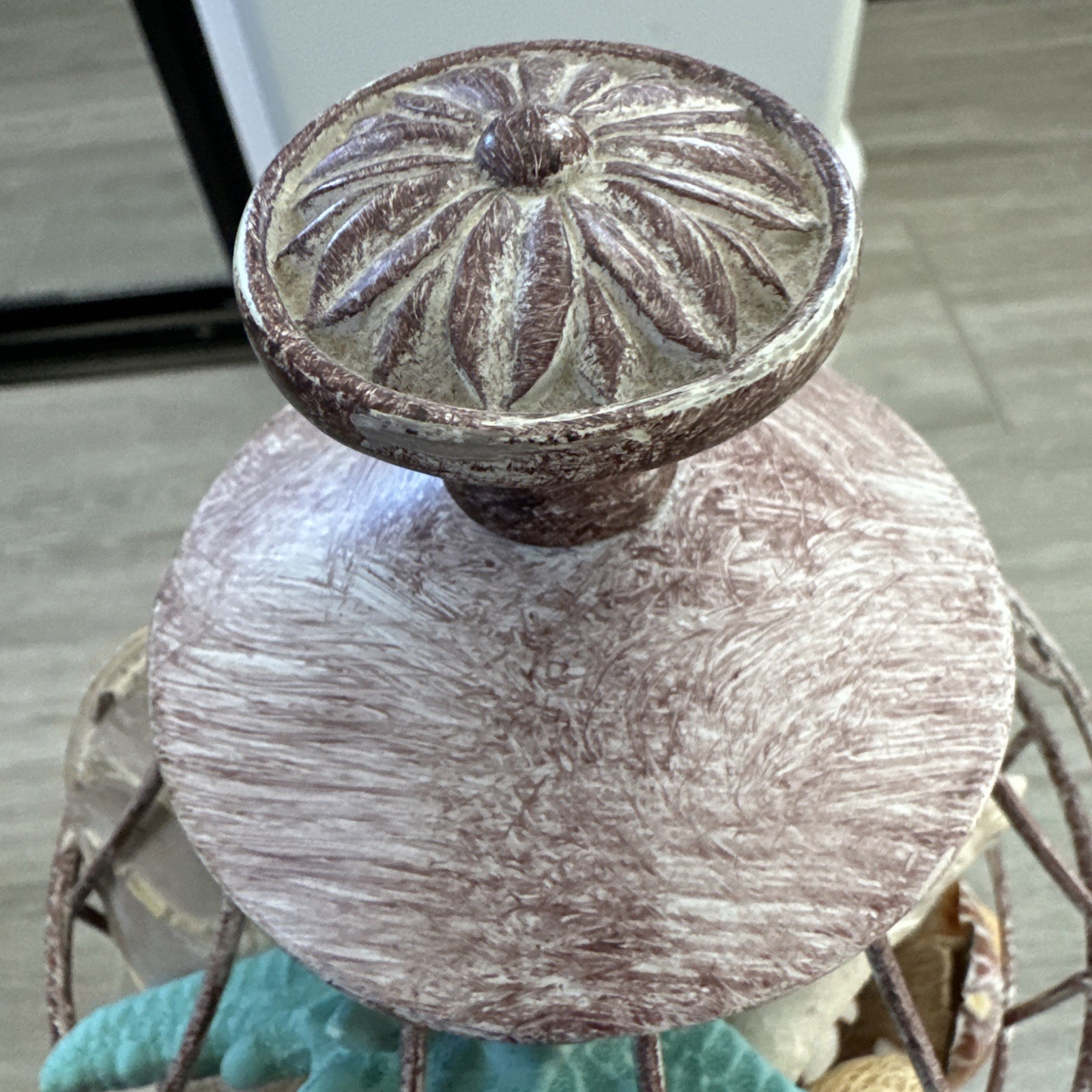Beach Decore, Decorative Cage With Real Shells And Dried Ocean Plants Theme