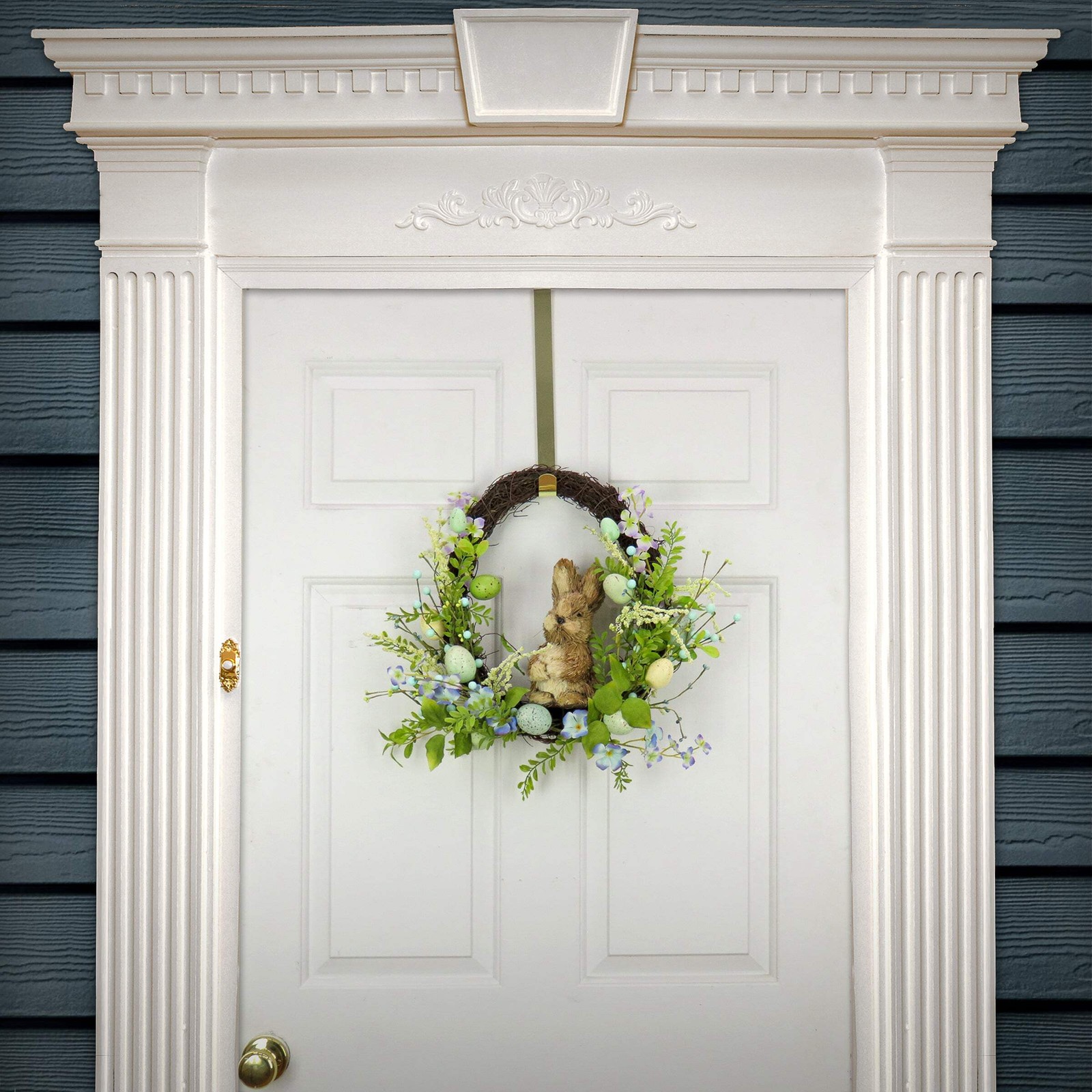 16 in. Easter Wreath Decorated with Wooden Bunny, Blue Flower Blooms, Pastel Egg