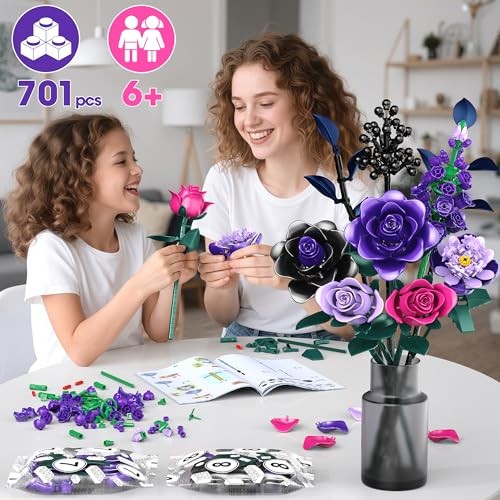 Purple Rose Building Blocks Set for Kids, 701PCS Flower Bouquet Toy, DIY