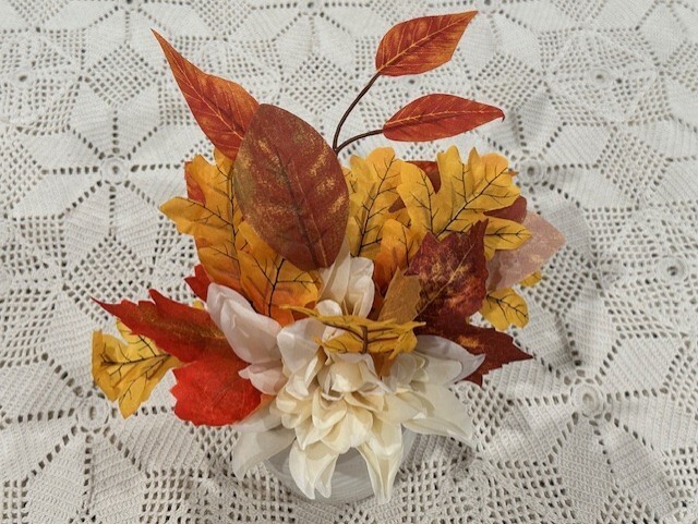 Perfect Harvest Floral Arrangement Fall Colors approx. Orange & white 8-11″ tall