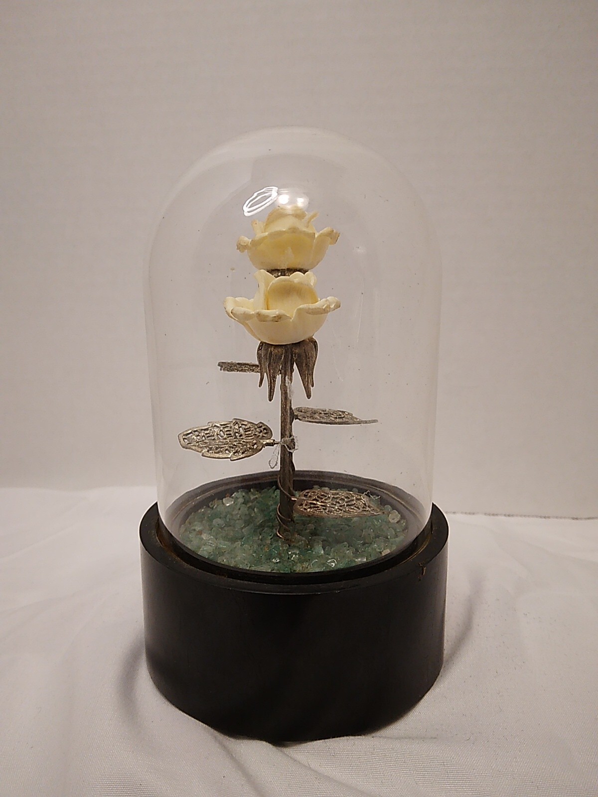 Glass Dome Display With Porcelain Roses On Silver Stems Wood Base NEEDS CLEANING
