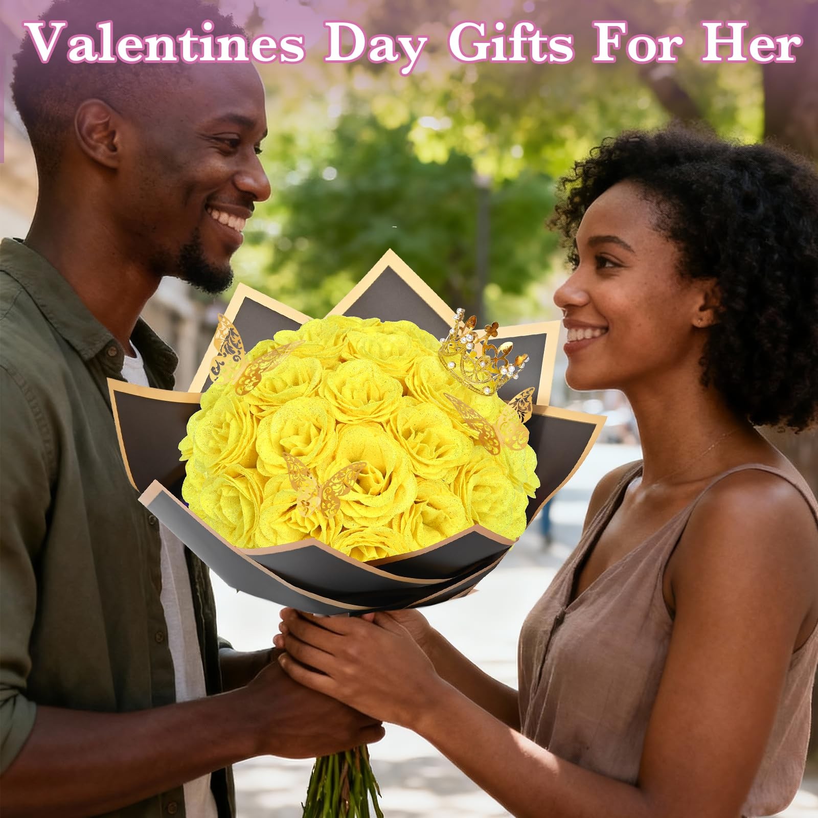 36 PCS DIY Yellow Glitter Roses Bouquet Fake Flowers For Valentines