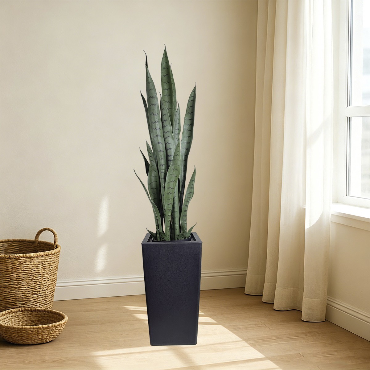 4ft Artificial Snake Plant Black Planter, Faux Sansevieria Floor Plant Decor
