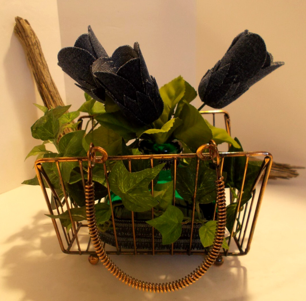 3 Denim Roses in Distressed Copper Metal Pocket or Purse Cottage Core Home Decor