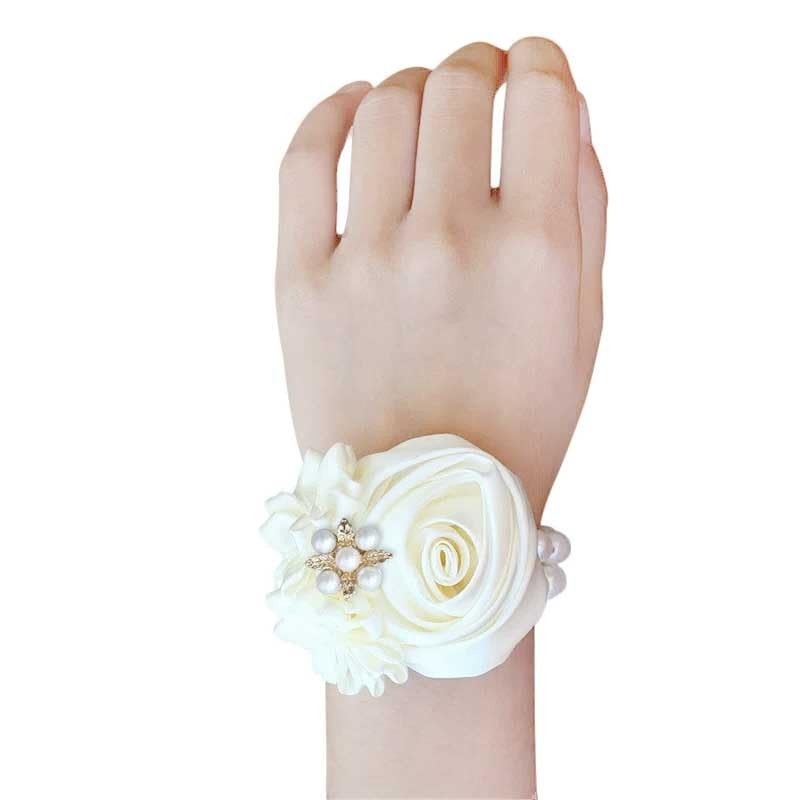 2 PCS Satin Rose Bridal Wrist Corsage Hand Flower Wedding Prom Ivory Decor