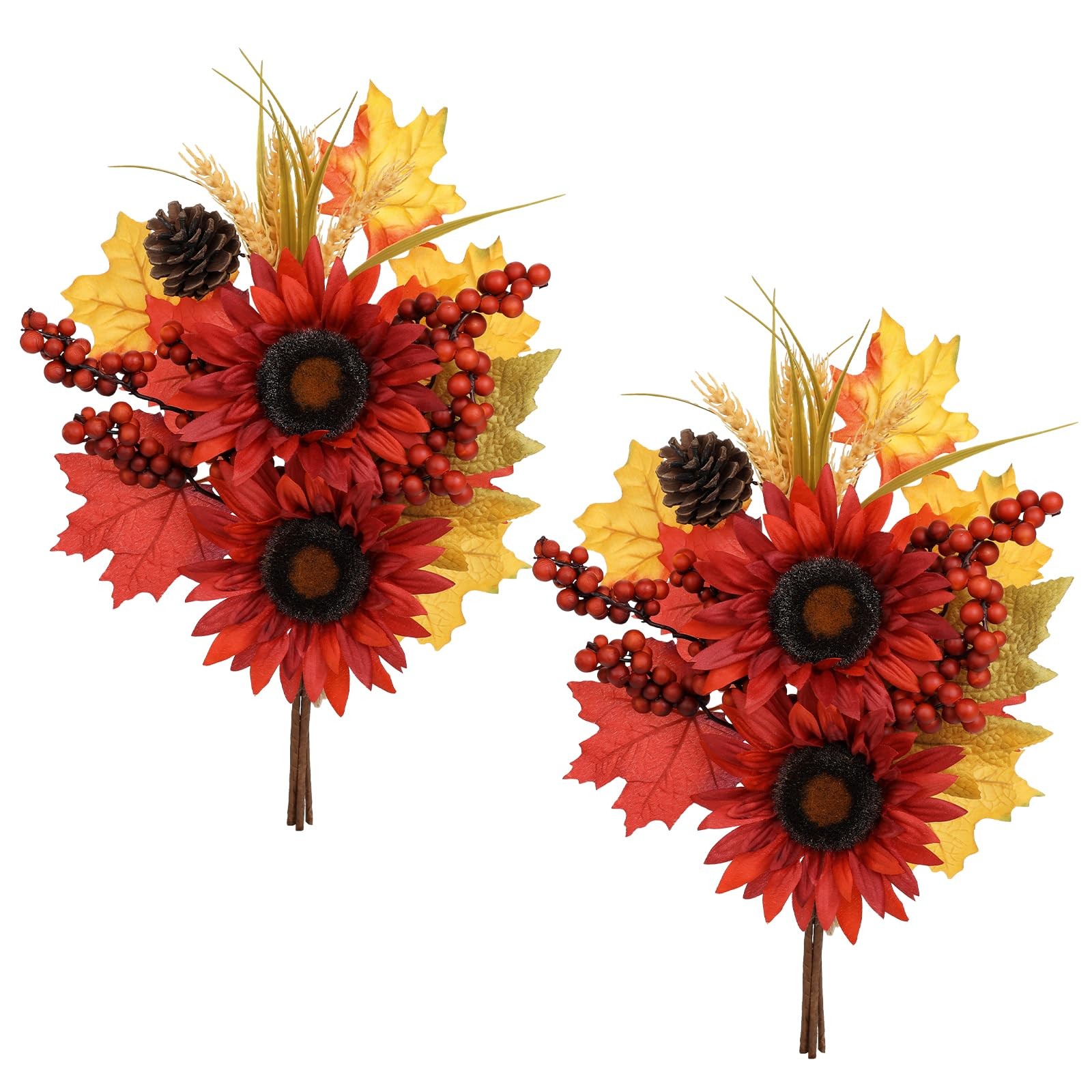 Briful 2 Pack 16 Inch Fall Sunflower Picks Burgundy Pinecone Floral Stems