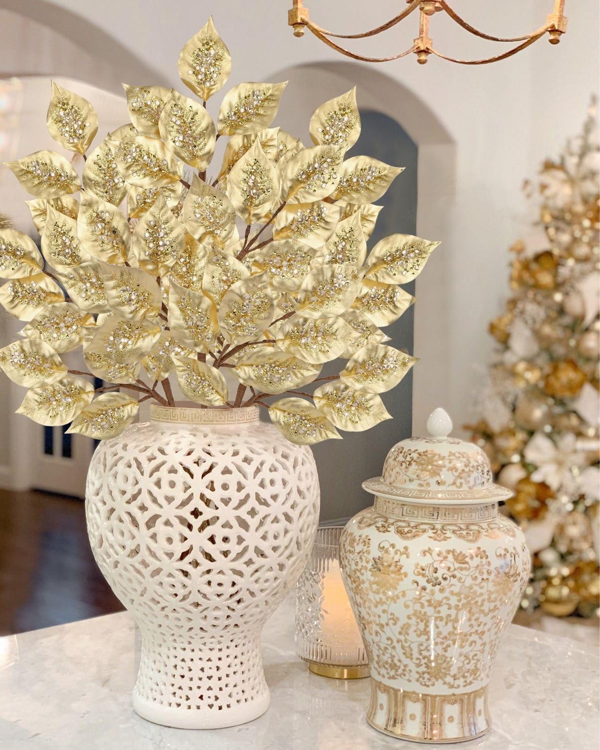 Christmas Tree Picks and Sprays 31.5″ Gold Atrificial Elm Leaves with Stems 3…