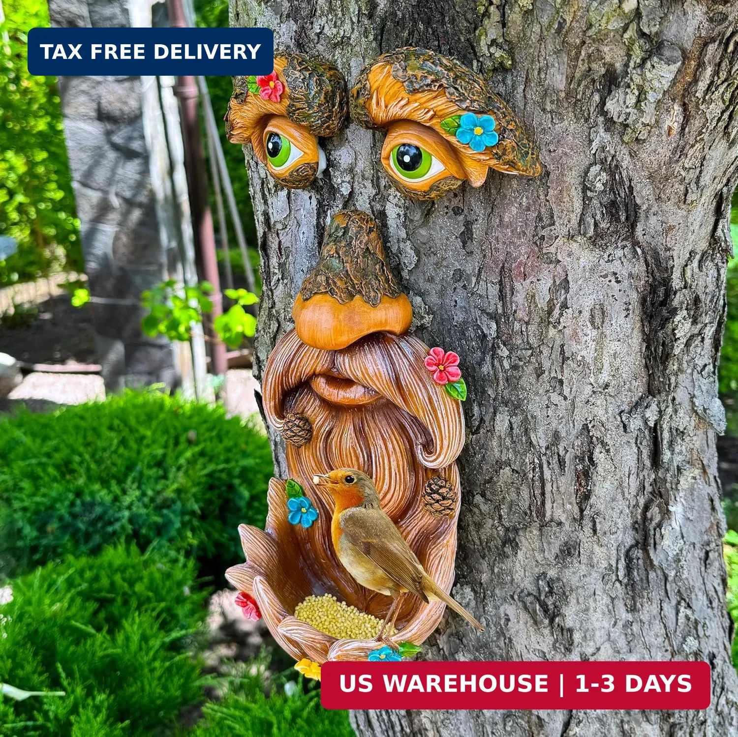 Tree Face Decor with Flowers Outdoor Old Man Face Garden Hugger Yard Statue
